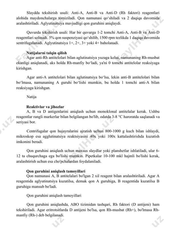 aglutinatsiya boʻlsa, lekin anti-b antitelolari bilan boʻlmasa, namunaning a guruhi boʻlishi mumkin, bu holda 1 tomchi anti-a bilan reaksiyaga kirishgan. natija reaktivlar va jihozlar a, b va d antigenlarini aniqlash uchun monoklonal antitelalar kerak. ushbu reagentlar rangli markerlar bilan belgilangan bo'lib, odatda 3-8 °c haroratda saqlanadi va seriyasi bor. centrifugalar qon hujayralarini ajratish uchun 800-1000 g kuch bilan ishlaydi, mikroskop esa agglutinatsiya reaktsiyasini 40x yoki 100x kattalashtirishda kuzatish imkonini beradi. qon guruhini aniqlash uchun maxsus slaydlar yoki planshetlar ishlatiladi, ular 6-12 ta chuqurchaga ega bo'lishi mumkin. pipetkalar 10-100 mkl hajmli bo'lishi kerak, aralashtirish uchun esa cho'pchalardan foydalaniladi. qon guruhini aniqlash tamoyillari qon namunasi a, b antitelalari bo'lgan 2 xil reagent bilan aralashtiriladi. agar a reagentida aglyutinatsiya kuzatilsa, demak qon a guruhiga, b reagentida kuzatilsa b guruhiga mansub bo'ladi. qon guruhini aniqlash tamoyillari qon guruhini aniqlashda, abo tizimidan tashqari, rh faktori (d antijeni) ham tekshiriladi. agar eritrotsitlarda d antijeni bo'lsa, qon …