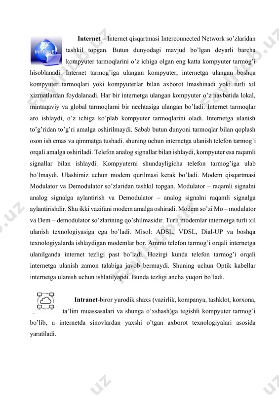 turga bo’linadi: 1. shina (bus), bunda hamma kompyuterlar bir aloqa liniyasiga parallel ulanadi va har bir kompyuterdan axborot bir vaqtda hamma qolgan kompyuterlarga uzatiladi. 2. yulduz (star), bunda bitta markaziy kompyuterga chetda qolgan kompyuterlar ulanadi, shu bilan birga har biri o‘zining alohida aloqa liniyalaridan foydalanadi. 3. halqa (ring), bunda har bir kompyuter axborotni har doim faqat bitta zanjirda kelayotgan kompyuterga uzatadi, axborotni esa faqat zanjirdagi oldinda kelayotgan kompyuterdan oladi va bu zanjir “halqa” bo‘lib birlashgan. server mijoz texnologiyasi. server mijoz texnologiyasi kompyuter tarmog’ida ishlatiladigan asosiy tuzilma hisoblanadi. kompyuter tarmoqlari odatda bitta server va bir qancha mijozlardan tashkil topgan bo’ladi. server mijozlarga turli xil xizmatlarni ko’rsatadi. mijoz tomonidan berilgan so’rovlarni ko’rib chiqadi va so’rovga tegishli javobni so’rovni amalga oshirgan mijozga uzatadi. kompyuter tarmog’ida odatda asosiy qurilma server qilib olinadi. bu qurilma keying yuqori tarmoqqa ulanishi mumkin. mijozlardan so’rov kelsa va so’rov javobi yuqori tarmoda bo’lsa, mijozni yuqori tarmoqqa chiqishini ta’minlashi mumkin. …