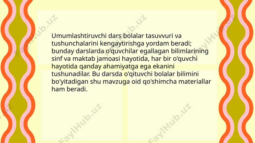 anim, mangu bo'l omon" bo'limi yuzasidan umumlashtiruvchi darsni tashkil qilishda darsga quyidagicha maqsad qo'yish mumkin: 1. o'quvchilarning "ulug' va aziz vatanim, mangu bo'l omon" bo'limi yuzasidan olgan bilimlarini aniqlash va hayot bilan bog'lash ko'nikmalarini o'stirish. 2. o'quvchilarga "ulug' va aziz vatanim, mangu bo'l omon" bo'limida o'qilgan asarlarning mavzu yuzasidan umumiyligi va xususiy tomonlarini aniqlatish orqali umumlashtirish qobiliyatlarini rivojlantirish. 3. bo'lim yuzasidan egallagan bilimlarning hayotdagi ahamiyatini anglashlariga erishish. e’tiboringiz uchun rahmat!!! image1.png image2.svg image3.png image4.svg image5.png image6.svg image7.png image8.svg image9.png image10.svg image11.png image12.svg image13.png /docprops/thumbnail.jpeg