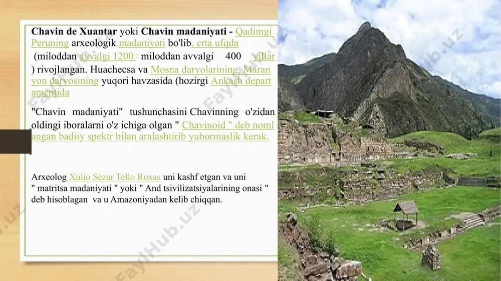 gan. qolgan paltolar pastroq sifatga ega. ba'zi dafn to'plamlari o'n yoki o'n bir plashgacha o'ralgan va shubhasiz hukmron tabaqa vakillariga tegishli. naska madaniyati naska - qadimgi peruning arxeologik madaniyati bo'lib , u ikaning hozirgi departamenti vodiylarida 1- asr atrofida rivojlangan va 7- asrda pasayib ketgan. uning markazi hozirgi naska provinsiyasida, rio grande'nin chap qirg'og'ida joylashgan cahuachi shahrida joylashgan edi. naska madaniyatining ilmiy kashfiyotchisi nemis arxeologi federiko maks ule bo'lib, uni birinchi marta 1900-1901 yillar oralig'ida o'rgangan. uhle ocucajeda qilgan topilmalari bilan ushbu madaniyatning kelib chiqishi va xususiyatlarini aniqladi va u uni chaqirdi. proto-nazca va uni xronologik tarzda tiahuanako (hozirgi tiahuanaco-huari) kengayishidan oldin joylashtirgan , shuningdek, u tomonidan aniqlangan boshqa madaniyatlar: proto-chimú (moche) va proto-lima. shu bilan birga, u proto-naskani ikki bosqichga ajratdi, birinchisi, realistik yoki sxematik figuralar bilan bezatilgan keramika bilan ajralib turadi, ikkinchisi esa sirtda mavjud bo'lgan barcha joyni egallagan yuqori darajada stilize qilingan chizmalarni o'z ichiga oladi. jon …