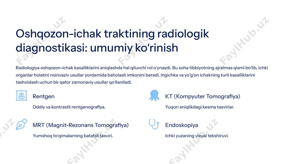 hxis shoshilinch holatlarda tezkor maʼlumot beradi. keng qamrov divertikulyoz, yalligʻlanish va oʻsmalarni aniqlaydi. 4 magnit-rezonans tomografiya (mrt) mrt yumshoq toʻqimalarni yuqori aniqlikda koʻrsatish qobiliyati bilan ajralib turadi. ktdan farqli oʻlaroq, u ionlashtiruvchi nurlanishdan foydalanmaydi, bu uni bolalar va homilador ayollar uchun xavfsizroq qiladi. ingichka ichak kasalliklari, ayniqsa kron kasalligi kabi yalligʻlanish kasalliklarini tashxislashda mrt afzalroq usullardan biridir. u ichak devoridagi oʻzgarishlarni, yalligʻlanish darajasini va atrofidagi fistulalarni aniqlashga yordam beradi. baʼzi hollarda mrt kontrast moddasiz ham yuqori sifatli tasvir beradi, ammo baʼzida kontrast kuchaytirish aniqlikni oshirishi mumkin. nurlanishsiz xavfsiz diagnostika. batafsil tasvir yumshoq toʻqimalar va yalligʻlanishni aniqlaydi. xavfsiz guruhlar bolalar va homiladorlar uchun mos. 5 endoskopik usullar: kolonoskopiya va sigmoidoskopiya endoskopik usullar ichakning ichki yuzasini bevosita vizual tekshirish imkonini beradi, bu esa radiologik usullar koʻrsata olmaydigan mayda oʻzgarishlarni aniqlashda muhimdir. kolonoskopiya yoʻgʻon ichakning toʻliq vizual tekshiruvi. polip va saratonni aniqlashda oltin standart. biopsiya olish va poliplarni olib tashlash imkoniyati. sigmoidoskopiya yoʻgʻon …