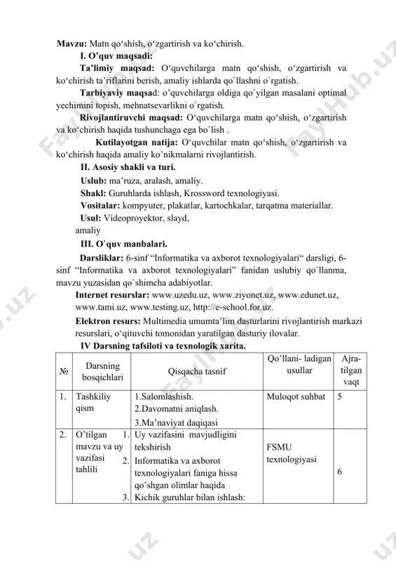 lan: agar word oynasini yopish paytida xujjatga ayrim o’zgartirishlar kiritilga bo’lib,u diskda saqlanmagan bo’lsa,ekranda “хотители вы сохранить изменения в документе?” degan savol chiqadi, xolda o’zgarishni diskda saqlash uchun “да”, o’zgarishni saqlamaslik uchun “нет” yoki taxrir qilishni davom ettirish uchun “отмена” tugmachalari tanlanadi. 2. yangi mavzuni bayoni: 2.1 matn qoʻshish hujjatni ochganingizda oʻchib-yonuvchi chiziqcha, ya’ni kursorni izlashingiz kerak. bu matn kiritishni qayerdan boshlashingizni koʻrsatadi. hujjatga matn kiritish uchun klaviaturadagi tugmalardan foydalanasiz. har safar klaviaturada harf, raqam yoki belgini bosganingizda, u hujjatda paydo boʻladi. matnni oʻzgartirish agar kiritilgan matnni oʻzgartirmoqchi boʻlsangiz, buni uch xil usulda bajarish mumkin: 1 alohida harflarni oʻchirish uchun tugmasidan foydalanish mumkin. 2 sichqoncha koʻrsatkichini soʻzga qoʻyib, sichqonchaning chap tugmasini ikki marta bosish orqali butun soʻzni belgilash mumkin. backspace tugmasini bosganda, belgilangan soʻz oʻchiriladi. 3 sichqonchaning chap tugmasini bosib turib, soʻngra oʻchirmoqchi boʻlgan matn ustida kursorni yurgizish orqali soʻzni yoki jumlani belgilash mumkin. matn belgilanganida quyidagicha boshqa rang fonida …