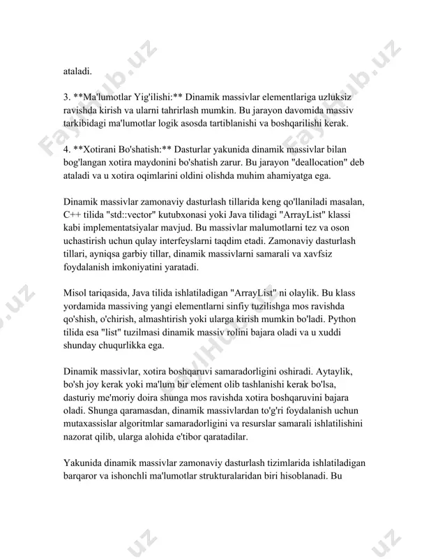 shundaki, c++ va javadagi dinamik massivlar real vaqt tizimlarida yoki katta hajmdagi ma'lumotlar bilan ishlaydigan dasturlarda ishlatilganda, javob vaqtida biroz kechikish kuzatilishi mumkin. bu kechikish massiv hajmini oshirish jarayonida yuzaga keladi. foydalanuvchilar uchun asosiy e'tibor qaratilishi kerak bo'lgan narsa – ushbu jarayonlar fon xotira vaqti va qobiliyatlaridan qanday foydalanishini tushunishdir. python dasturlash tili bo'yicha esa `list` obyekti dinamik massiv sifatida ishlaydi. python uchun ham xuddi javada bo‘lgani kabi sxema bo‘yicha massivlar hajmi oshiriladi. masalan, pythonning qayta o'sish tizimi odatiy holatda belgilangan hajm tugaganda mavjud hajmning 1.125 (1/8) qismi hisobida o'sirilishi mumkin. shu sababli, python list tuzilmasi ma'lumotlarga qo'shimcha kiritish va qaytarish operatsiyalarida yengilroq va qulayroq bo'ladi. dinamik massivlar ma'lumotlarni saqlash va ularga tez kirish imkoniyatini ta'minlash sifatida keng qo'llaniladi. ular, ayni paytda massivdan ma'lumot olib tashlash yoki ularni kiritish zarur bo‘lib turganda juda mos keladi. xususan, katta hajmdagi ma'lumotlar bilan ishlashda, massivning ortiqcha hajm yoki kamlik muammosi mavjud. ko‘rinib turibdiki, …