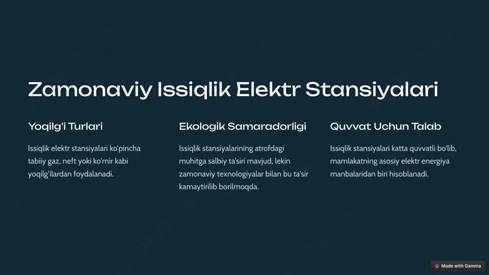 hlab chiqarish. qoldiqlarsiz bioenergetika chiqindisiz qayta ishlash jarayoni bo'lib, qoldiq mahsulotlar ham foydalaniladi. 6 geotermik energetika yer osti issiqlik yer qobig'i ostidagi issiqlik manbalaridan elektr energiyasi olish. quduq qazish quduqlarni qazish va bug' yoki issiq suv oqimini yer ustiga olib chiqish. turbinlarni aylantirib shu oqimlar turbinalarni aylantiradi va elektr generatorlarini ishga tushiradi. 7 atom elektr stansiyalari yadroviy reaktorlar atom yoqilg'isi fissiya jarayoni orqali qizib ketadi va buharlantiriladi. oqim turbinasi hosil bo'lgan bug' turbinalarni harakatga keltiradi va elektr generatorlari ishlaydi. radioaktiv qoldiqlar atom elektr stansiyalarining asosiy muammosi xavfli radioaktiv chiqindilarni qayta ishlash va saqlashdir. 8 elektr energiya manbalarini boshqarish 1 muvozana har bir manbadan ishlab chiqarilgan elektr energiyasi o'rtasida muvozanatni saqlab turish kerak. 2 quvvat tarmoqlari uzluksiz elektr ta'minoti uchun elektr tarmoqlari yaxshi rivojlangan bo'lishi shart. 3 yoqilg'i zaxiralari mavjud yoqilg'i zaxiralarini oqilona boshqarish talab etiladi. 9 kelajakdagi fikrlar va xulosalar barqaror rivojlanish ekologik jihatdan tozaroq va uzoq muddatli manbalarga asoslangan …