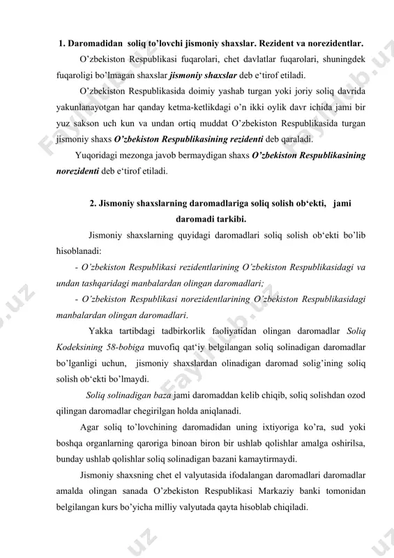 likasi markaziy banki tomonidan belgilangan kurs bo’yicha milliy valyutada qayta hisoblab chiqiladi. jismoniy shaxslarning jami daromadiga soliq kodeksining 173 moddasiga muvofiq quyidagilar kiradi: 1) mehnatga haq to’lash tarzidagi daromadlar; 2) mulkiy daromadlar; 3) moddiy naf tarzidagi daromadlar; 4) boshqa daromadlar. mehnatga haq to’lash shaklida olinadigan daromadlarga jismoniy shaxslarning mehnat shartnomalariga yoki ishlar bajarish va xizmatlar ko’rsatish predmeti bo’lgan fuqarolik-huquqiy tusdagi shartnomalarga muvofiq jismoniy shaxslarga hisoblanadigan va to’lanadigan barcha to’lovlar mehnatga haq to’lash tarzidagi daromadlar deb e‘tirof etiladi. mehnatga haq to’lash tarzidagi daromadlarga quyidagilar ham kiradi: - rag’batlantirish xususiyatiga ega bo’lgan to’lovlari; - kompensatsiya to’lovlari (kompensatsiya); - ishlanmagan vaqt uchun haq to’lash. jismoniy shaxslarning mulkiy daromadlari tarkibiga quyidagilar kiradi: foizlar, dividendlar, mol-mulkni ijaraga berishdan olingan daromadlar, royalti va boshqalar. soliq to’lovchi tomonidan moddiy naf tarzida olinadigan daromadlar quyidagilardir: 1) yuridik shaxs tomonidan jismoniy shaxs manfaatlarini ko’zlab, tovarlar (ishlar, xizmatlar) haqini, mulkiy huquqlarni to’lash, shu jumladan: jismoniy shaxslarning bolalarini maktabgacha ta‘lim muassasalarida …