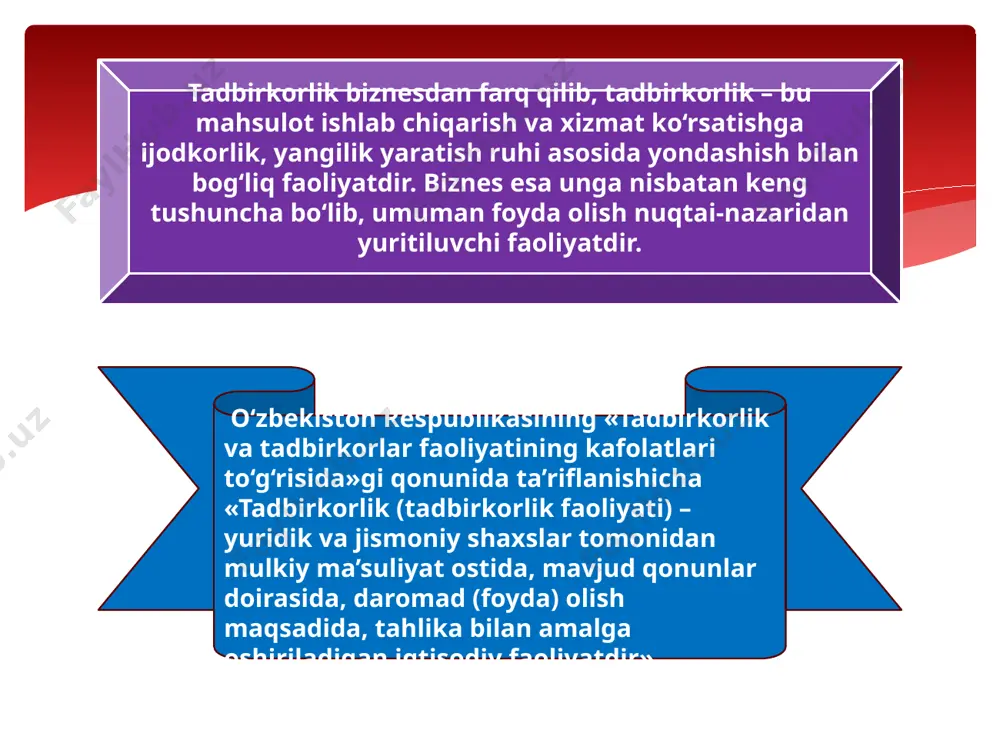 rativ mulkchilikka asoslangan tadbirkorlikning asosiy belgilari ;; ishlovchilarning ishlab chiqarish vositalari bilan bevosita qo‘shilishi (xususiy mulkchilikda bunday qo‘shilishda mulkdor, davlat mulkchiligida esa davlat vositachi hisoblanadi) kooperatsiya a’zolarining ishlab chiqarish vositalaridan keng foydalana olishi ularning iqtisodiy jihatdan teng huquqliligi; jamoaning o‘z-o‘zini boshqarishni amalga oshirishi; jamoa va shaxsiy manfaatlar uyg‘unligi yuzaga kelishi xususiy tadbirkorlik alohida shaxs yoki korxona tomonidan xususiy tashabbus asosida tashkil qilinadi. yakka tartibdagi tadbirkorlik shaxsiy mulkka asoslanadi, ishlab chiqarishni tashkil qilish o‘zi yoki oila a’zolari mehnati asosida amalga oshiriladi. aksiya – bu uning egasi hissadorlik jamiyati kapitaliga o‘zining ma’lum hissasini qo‘shganligiga va uning foydasidan dividend shaklida daromad olish huquqi borligiga guvohlik beruvchi qimmatli qog‘ozdir. dividend (lotincha dividendus - bo‘lishga tegishli) – aksiya egasiga to‘lanadigan daromad. dividend vositasida aksiya egasi qimmatli qog‘ozning shu turiga qo‘yilgan pul mablag‘lari (kapital) ning tegishli qismiga o‘zining mulkchilik huquqini iqtisodiy jihatdan ro‘yobga chiqaradi. ishbilarmonlik muhiti ko‘rsatkichlarining dinamikasi, rivojlanish istiqbollari va hozirgi holati korxonalarni o‘rganish ikki …