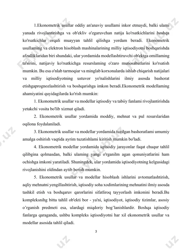 iqdoriy bog’lanishlardir. boshqa iqtisodiy fanlarga qaraganda, ushbu kompleks iqtisodiyotni har xil ekonometrik usullar va modellar asosida tahlil qiladi. zamonaviy iqtisodiyot nazariyasi ham mikro-, ham makroiqtisodiyotdatabiy, zaruriy element sifatida matematik modellar va usullarni o’z ichiga oladi.matematikada iqtisodiyotda foydalanish iqtisodiy o’zgaruvchilar va ob’ektlarningeng muhim, ahamiyatli bog’lanishlarni ajartishga va formal tasvirlashga,iqtisodiyot nazariyasining qoidalari, tushunchalari va xulosalalarini aniq va lo’ndabayon qilishga imkon beradi. bunda modellar va modellashtirish muhim o’rintutadi. o’zbekiston respublikasi prezidentining “oliy ta’lim muassasalalaridata’lim sifatini oshirish va ularning mamlakatda amalga oshirilayotgan kengqamrovli islohotlarda faol ishtirokini ta’minlash bo’yicha qo’shimcha choratadbirlar to’g’risida”gi 05.06.2018 yilda qabul qilingan pq-3775 sonli qarorida“hududlarda yangi oliy ta’lim tashkil etish, kadrdlar tayyorlashning zamonaviyta’lim yo’nalishlari va mutaxassisliklari hamda sirtqi va kechki bo’limlariningochilishi, oliy ta’lim muassasalalarida qabul kvotalarining oshirilishi mazkuryo’nalishlardagi muhim islohotlar hisoblanadi. oliy ta’lim muasasalari innovatsion va texnologik g’oyalar bilan fikralmashadigan muloqot markazlarida aylanmagan, tegishli sohalarda mavjudmuammo va kamchiliklarni tizimli o’rganish, tashkil qilish va ularning yechimibo’yicha taklif kiritish borasida professor o’qituvchilar, yosh …