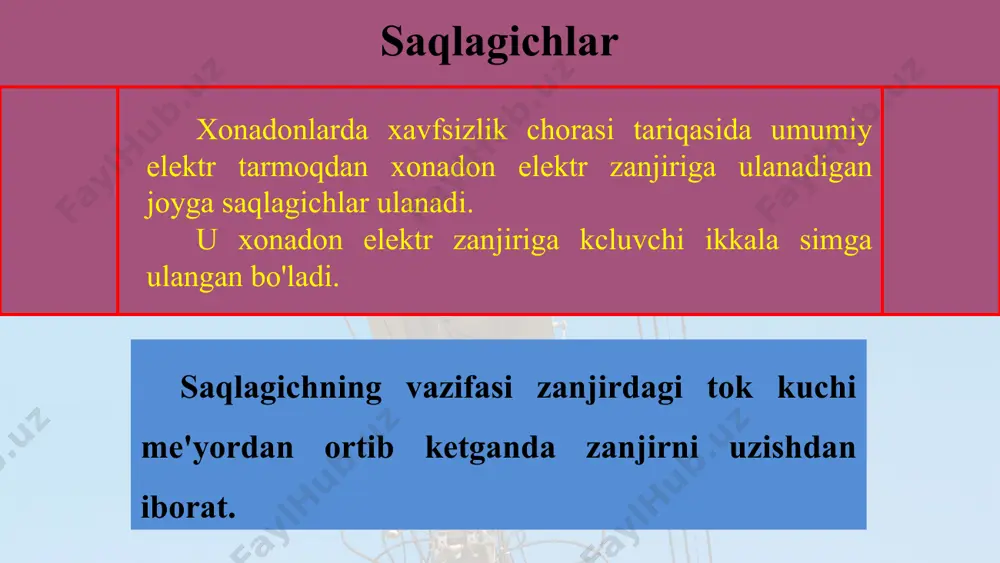 hlardan biri uzib qo'yilsa, lampochka o'chadi. uzib-ulagich ana shu uzib-ulash vazifasini bajaradi. uzib-ulagichni lampochkaga boradigan kuchlanishli o'tkazgichga ham, ncyrtal o'tkazgichga ham ulasa bo'ladi. vilka, rozetka, patron va uzib-ulagichni ulashda ikki o'tkazgichning izolat-siyadan tozalangan qismlari bir-biriga tegib qolishiga yo'l qo'ymaslik, albatta xavfsizlik qoidalariga rioya qilinishi shart.