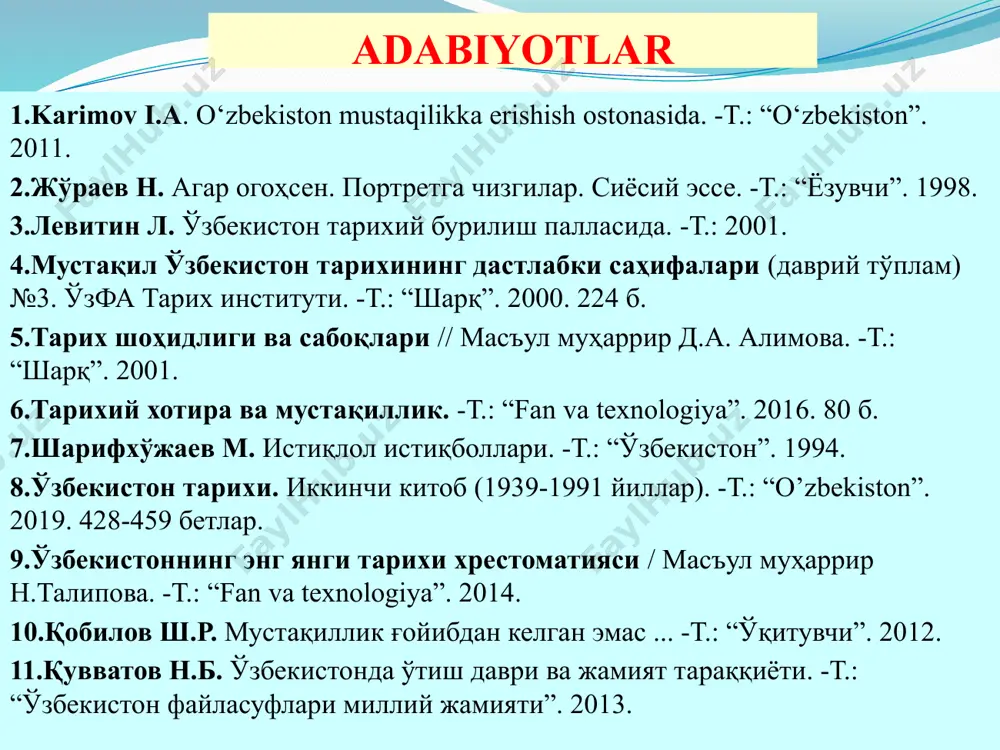 a davlat korxonalari hamda inshootlari uyushmasining prezidenti v.a.starodubsev – sssr dehqonlar uyushmasi raisi b.k.pugo – sssr ichki ishlar vaziri v.a.kryuchkov – sssr davlat xavfsizligi qo‘mitasining raisi v.s.pavlov – sssr bosh vaziri d.t.yazov – sssr mudofaa vaziri g.i.yanayev – sssr prezidenti vazifasini bajaruvchi. o.d.baklanov – sssr mudofaa kengashi raisining birinchi o‘rinbosari qoraqalpog’iston respublikasi, 12 viloyat, 174 tuman, 19 shahar tumanlari, 124 shahar, 97 ta shaharcha, 1214 qishloq, 101 ovul mavjud. о‘zbekiston respublikasining ma’muriy-hududiy tuzilishi hududi: 447,8 ming km. kv. ўзбекистон республикасининг биринчи президенти ислом абдуғаниевич каримов islom abdug‘aniyevich karimov 1938 yil 30 yanvarda samarqandda tug‘ilgan. о‘rta osiyo politexnika instituti va toshkent xalq xо‘jaligi institutini tugatgan. 1960 yildan «tashselmash» zavodidi avval master yordamchisi, sо‘ng master, texnolog. 1961 yildan chkalov nomidagi toshkent aviatsiya ishlab chiqarish birlashmasida avval muhandis, sо‘ngra yetakchi muhandis-konstruktor. 1966-1983 yillarda о‘zbekiston davlat plan komitetida fan va yangi texnikani joriy etish bо‘limining bosh mutaxassisi, sо‘ngra respublika davlat plan komiteti raisining birinchi …
