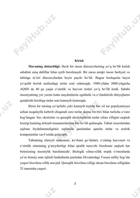 qga o‘z qornini to‘ydirishi uchun bir nechayuz km hududlar kerak bo‘ladi. milliy bog’lar va yovvoyi hayot hududlarisiz ba’zi hayvonlar hozir mavjud bo‘lgandan ancha kam bo‘lishlari mumkin edi. maqsad va vazifalari. kurs ishining maqsadi o‘zbekistonda yo’qolib ketayogan hayvonlarni muhofaza qilish yo‘qolib ketishini oldini olish. bu maqsadga erishish uchun tadqiqot o‘z oldiga quydagi vazifalarni oladi: - o‘zbekiston hududi hayvonot dunyosining tarqalish qonuniyatlari. - cho‘l hayvonlari. - tog‘ mintaqasi hayvonot dunyosi - hayvonot dunyosini muhofaza qilish masalalari. kurs ishining ob`yekti va predmeti. kurs ishining obyekti sifatida o’zbekiston hududi hayvonot dunyosi tanlangan bo’lsa tadqiqot predmeti esa hayvonot dunyosining tarqalish qonuniyatlari va muhofaza masalalariga qaratilgan. kurs ishining tuzilishi va hajmi. kurs ishi kirish, to‘rtta reja, xulosa va foydalanilgan adabiyotlar ro‘yxatidan iborat. 1-§. o‘zbekiston hududi hayvonot dunyosining tarqalish qonuniyatlari yer yuzining zoogeografik rayonlashtirilishi tizimida o‘zbekiston hududi paleoarktika o‘lkasining markaziy osiyo kichik o‘lkasi tarkibiga kiradi. respublika hayvonot dunyosi juda boy va xilma-xil. uning daryolarida, ko‘llarida, suv omborlarida …