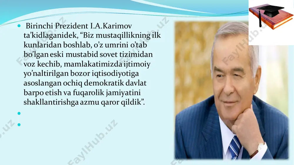 n respublikasining davlat mustaqilligi to’g’risida"gi qonun 17 moddadan iborat bo’lib, mustaqil respublika uchun vaqtincha konstitusiya rolini o’ynaydigan bo’ldi.  ushbu qonunda o’zbekiston mustaqil demokratik davlat deb e’lon qilindi, ma’muriy-hududiy tuzilishi, hokimiyat va boshqaruv idoralari tizimini mustaqil belgilash qonunlashtirildi. respublikaning davlat bo’linishi hamda iqtisodiy asoslari ham qonunda o’z aksini topdi. shuningdek, ushbu hujjatda o’zbekistonning qoraqalpog’iston bilan munosabatlari xususida so’z borib, o’zbekiston qoraqalpog’istonning hududiy yaxlitligini tan olishi haqida fikr yuritiladi, u o’zbekiston tarkibida ekanligi e’tirof etiladi. bunday qonunning qabul qilinishi o’sha davrda erishilgan yutuqlarning yuqori cho’qqisi bo’ldi. shunday qilib, o’zbek xalqi asrlar davomida orzu qilgan mustaqillikka tinch yo’l bilan, birinchi prezident i. karimov boshchiligida respublika rahbariyatining oqilona yo’l tutishi orqali erishildi.  o’zbekiston respublikasining davlat mustaqilligi e’lon qilinishi bilan birga davlat mustaqilligi bilan bog’liq qonunlar tizimini yaratish zarur edi. o’zbekiston erishgan istiqlolni mustahkamlash uchun mamlakatda referendum o’tkazishga qaror qilindi. 1991-yili 18-noyabrda oliy kengash viii sessiyasi o’zbekiston respublikasi referendumini o’tkazish to’g’risida qaror qabul …