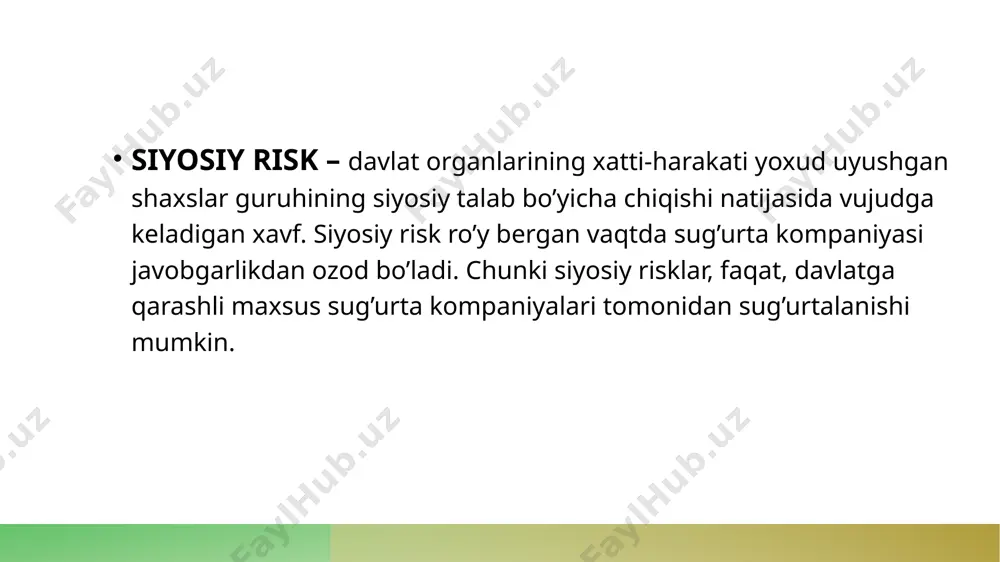 ngan bo‘lib, insoniyat bugun va yaqin kelajakda yuzlashishi kutilayotgan xavf-xatarlar — global risklarga bag‘ishlangan. tadqiqotda global risklar uchta davrda: hozirgi kunda namoyon bo‘layotgan risklar (1), yaqin ikki yilda (2) va yaqin o‘n yilda eng og‘ir oqibatlarga olib kelishi kutilayotgan risklar sifatida baholangan. namoyon bo‘lish sohasiga ko‘ra ular iqtisodiy, atrof-muhit, geosiyosiy, ijtimoiy hamda texnologik risk toifalari bo‘yicha ajratilgan. wef’ga ko‘ra, har bir riskka qarshi kurash yoki uning oldini olish o‘ziga xos va moslashtirilgan xatti-harakatlarni talab qilishiga qaramay, muayyan tamoyillarga amal qilish barcha turdagi risklarga tayyorlik darajasini oshirish imkonini beradi. shu nuqtai nazardan, global risklarning potensial oqibatlariga tayyor turishda quyidagi to‘rt tamoyilga amal qilish tavsiya etilgan: risklarni aniqlash va oldindan ko‘ra bilish qobiliyatini kuchaytirish; “kelajakdagi” risklarning bugungi qiymatini qayta kalibrlash; ko‘p tomonlama risklarga tayyorgarlik ko‘rishga investitsiya kiritish; tayyorgarlik va javob choralari bo‘yicha o‘zaro hamkorlikni kuchaytirish. foydalanilgan adabiyotlar: sultonov t. va bosh. siyosatshunoslik. o’quv qo’llapugachev v. p. , solovg’ev a. i. siyosatshunoslikka kirish. …