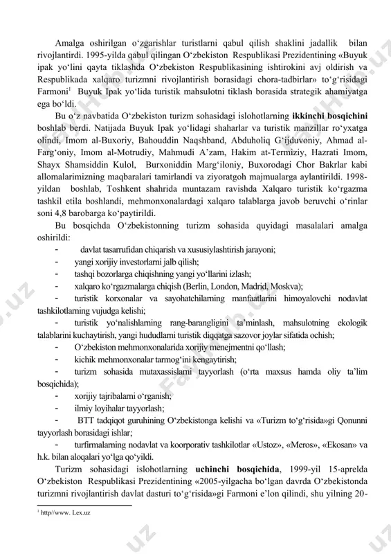 vazifasidir. undan tashqari, vatanimizning kelajagi hisoblangan yoshlar ongida milliy merosimizga, jumladan, madaniy-tariziy, tabiiy yodgorliklar va milliy an’analarimizga bo’lgan munosabatni shakllantirish fanning asosiy maqsadidir. xalqimiz milliy boyligimiz hisoblangan turistik ob’ektlarimizni, tabiatimizni qanchalik asrab-avaylasa, shunchalik mamlakatimizda turizmni rivojlantirish imkoniyatlari oshib boradi. fanning vazifasi - turistik resurslar haqida tushuncha berish, turistik resurslardan samarali foydalanish imkoniyatlarini o’rganish, o’zbekistonning turistik resurslarini mintaqalar bo’yicha joylanishi, turistik rayonlashtirish hamda, mamlakatimiz turistik resurslarini muhofaza qilish tadbirlari to’g’risida talabalarda tasavvur hosil qilishdir. 2. mustaqillikka erishgandan keyingi o‘zbekiston hukumatining turizm sohasiga e’tibor qaratishi mustaqillikka erishgach, 1991-yildan keyin o‘zbekistonning turistik xizmatlar bozori shakllana boshladi. aynan shu davrda respublika o‘zining iqtisodiy mustaqilligini va mustaqil ravishda tashqi dunyo bozorlariga chiqishini e’lon qildi. shu davrda qabul qilingan tashqi iqtisodiy faoliyat to‘g‘risidagi qonun turistik xizmatlarni sotuvchi korxonalarga yangi asos yaratdi. natijada, tarmoqda yangi boshqaruv tizimini shakllantirish, turistik biznesni yuritishga yordamlashadigan qo‘shimcha biznes turlarini yaratish, sohaga xizmat qiladigan bank, audit, maslahat xizmatlarini tashkil etish, viloyatlarda turizm …