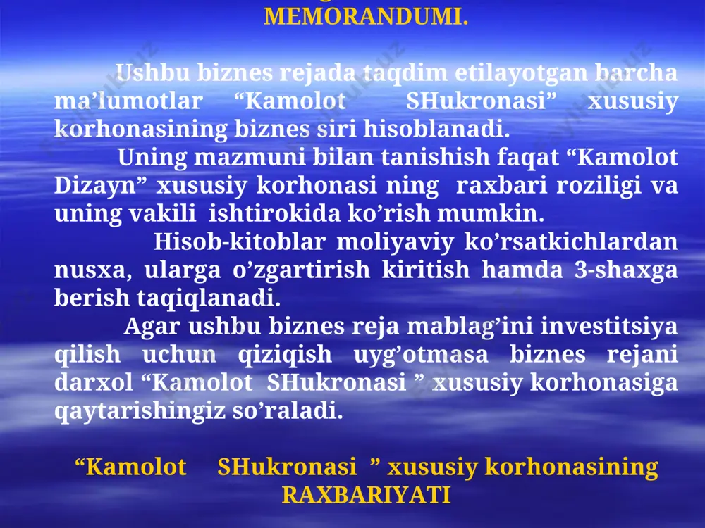 taminlangan oila farzandlariga” bepul tomosha qo’yib berish. loyixa ustuvorligi shundan iboratki xozirgi kunda yo’qolib borayotgan milliy qo’g’irchoqlarni qaytadan ishlab chiqarish dolzarb vazifadir.. “kamolotshukronasi” xususiy korhonasining ishlab chiqarish turli xildagi sifatli qo’g’irchoqlarni nafaqat o’zbekistonda chet elda sotishni yo’lga qo’yishdan iboratdir. biznesning yuridik maqomi. biznes rejani yuridik maqomini tastiqlatish va uni yo’lga qo’yish. biznesning yuridik maqomi “kamolotshukronasi” xususiy korhonasining deb ish faoliyatini olib boradi. loyihaning umumiy qiymati 6000 000 xususiy mablag’ 1000 000 so’raladigan mablag’ 5000 000 biznes rejada keltirilganmilliy qo’g’irchoqlar ishlab chiqarish namangan viloyati kosonsoy tumani a.navoiy 55-uyda o’z ish faoliyatini olib boradi. loyiha o’z o’zini qoplash muddati 18oy garov ta’minoti uchun 1ta matiz avtomobili qo’yiladi. swot taxlili kuchli tomonlari ushbu sohada tajribaning borligi va mahsulotlar jahon andozasiga teng kela olishi.` kuchsiz tomonlar mablag’ni to’la ish boshlash uchun yetarli emasligi. imkonoyatlar mahsulotlarni kelgusida chet el davlatlariga eksport qilishni yo’lga qo’yish. to’siqlar elektr energiyasi doimiy yetkazib berilmasligi. hom ashyoni oshib ketishi. raqobatchilar …