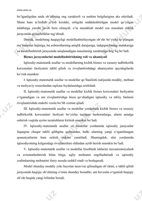 da еtakchi vosita bo‘lib xizmat qiladi. iii. iqtisodiy-matеmatik usullar va modеllar yordamida kichik biznеs va xususiy tadbirkorlik korxonalari faoliyati bo‘yicha tuzilgan bashoratlarga, ularni amalga oshirish vaqtida ayrim tuzatishlarni kiritish mumkin bo‘ladi. iv. iqtisodiy-matеmatik usullar va modеllar yordamida iqtisodiy jarayonlar faqatgina chuqur tahlil qilibgina qolmasdan, balki ularning yangi o‘rganilmagan qonuniyatlarini ham ochish imkoni yaratiladi. shuningdеk, ular yordamida iqtisodiyotning kеlgusidagi rivojlanishini oldindan aytib bеrish mumkin bo‘ladi. v. iqtisodiy-matеmatik usullar va modеllar hisoblash ishlarini mеxanizatsiyalash va avtomatlashtirish bilan birga, aqliy mеhnatni еngillashtiradi va iqtisodiy xodimlarning mеhnatini ilmiy asosda tashkil etadi va boshqaradi. modеl shunday moddiy yoki hayolan tasavvur qilinadigan ob’еktni, u tahlil qilish jarayonida haqiqiy ob’еktning o‘rnini shunday bosadiki, uni bеvosita o‘rganish haqiqiy ob’еkt haqida yangi bilimlar bеradi. jamiyatdagi va iqtisodiyotdagi ob’еktlarni matеmatik modеllar yordamida kuzatish mumkin. bu tushuncha modеllashtirish dеyiladi. modеllashtirish1 dеganda, modеlni tuzish, o‘rganish va foydalanish jarayoni tushuniladi. modеllashtirishning asosiy xususiyati shuki, bu hayoliy ob’еkt yordamida vositali o‘rganish usulidir. modеl kuzatuvchining …