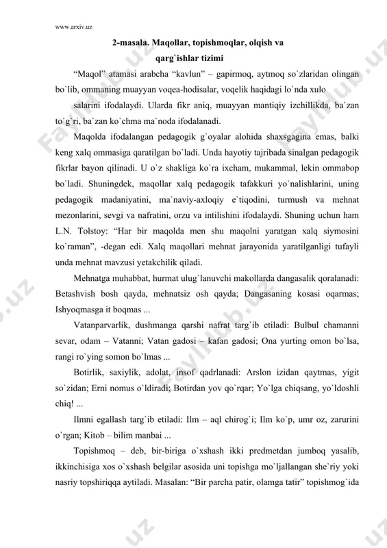 evona: “xey, do`st”, -deb keldi. men bir kurak tillo berdim, u meni maqtab ketdi. sen bir kurak go`ng berding, u seni qarg`ab ketdi. men bir otga, sen bir eshakka minding ... “javobi -tuxum” edi. yoki, “sotdim - oldim” dialogi bilan topishmoq javobi yakunlangan: - sotdim. – nimasini?. – nima qilasan? - oldim. – qo`lini. – o`choqqa kasov qilaman ... olqishlar – olqish turkiy tillarda “maqtash, sharaflash, yaxshi istak tilash” ma`nolarini anglatadi. o`tmishda olqishlar ulug` yoki oqsoqollar tomonidan ijro etilgan. hozir ularning quyidagi turlari mavjud: a) uchrashuv olqishlari: - kishilar tanish-notanishligidan qat`iy nazar uchrashganlarida olqish aytib fotiha tortadi: “omin, qadam yetdi, balo yetmasin” kabi. b) dasturxon olqishlari: “omin, taomning haqi, baloning dafi, har kim yesa, o`zining nafi, esonlik, tan-sihatlik, keng fe`l, ketmas davlat, xotirjamlik ... bersin” singari. v) ish boshidagi olqishlar (so`z sehriga ishonishdan paydo bo`lgan). jumladan, imorat qurishdan oldin: “omin, boshlagan ishlaringda alloh madadkor bo`lsin, ishlaring unumli va barorli bo`lsa, …