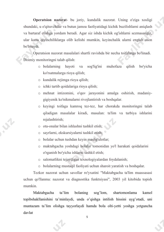 hli bolalarda maktab sharoitidagiga qaraganda tezroq bolalar bog'chasi, belgilangan xulq-atvor qoidalariga bo'ysunish qobiliyati shakllanadi. ammo shu bilan birga, bu qoidalarga rioya qilishdan qoniqish emas, balki ularni buzish qo'rquvi ustunlik qiladi. bolalarda tashvish kuchayadi, hissiy qulaylik darajasi pasayadi. 7 yoshli birinchi sinf o'quvchilarida shunga o'xshash muloqot uslubi shunga o'xshash ta'sirga olib kelmaydi. barcha 6 yoshli bolalar moslashishda qiyinchiliklarga duch kelishadi: ba'zilarida letargiya, ko'z yoshlari, uyqu va ishtahaning buzilishi rivojlanadi; boshqalar haddan tashqari hayajonlanadi, asabiylashadi va jahldor bo'ladi. nisbatan qulay o'quv sharoitida psixologik kuchlanish 1,5 - 2 oydan keyin kamayadi. keyinchalik og'ir sharoitlarda u davom etib, nevrozlar va somatik kasalliklarni keltirib chiqaradi. 5.2 inqiroz 6-7 yil rossiyalik psixologlarning fikriga ko'ra (l.s.vygotskiy, d.b. elkonin, l.i.bozhovich va boshqalar), maktabgacha va 1 o‘zbekiston respublikasining prezidenti sh.m. mirziyoyevning “2017–2021-yillarda maktabgacha ta’lim tizimini yanada takomillashtirish chora-tadbirlari to‘g‘risida”gi qarori. –t.: 2016 y., 29-dekabr. -28 b. boshlang'ich maktab yoshi 7 yil inqirozi bilan ajralib turadi. bu o'z-o'zini tartibga solish …