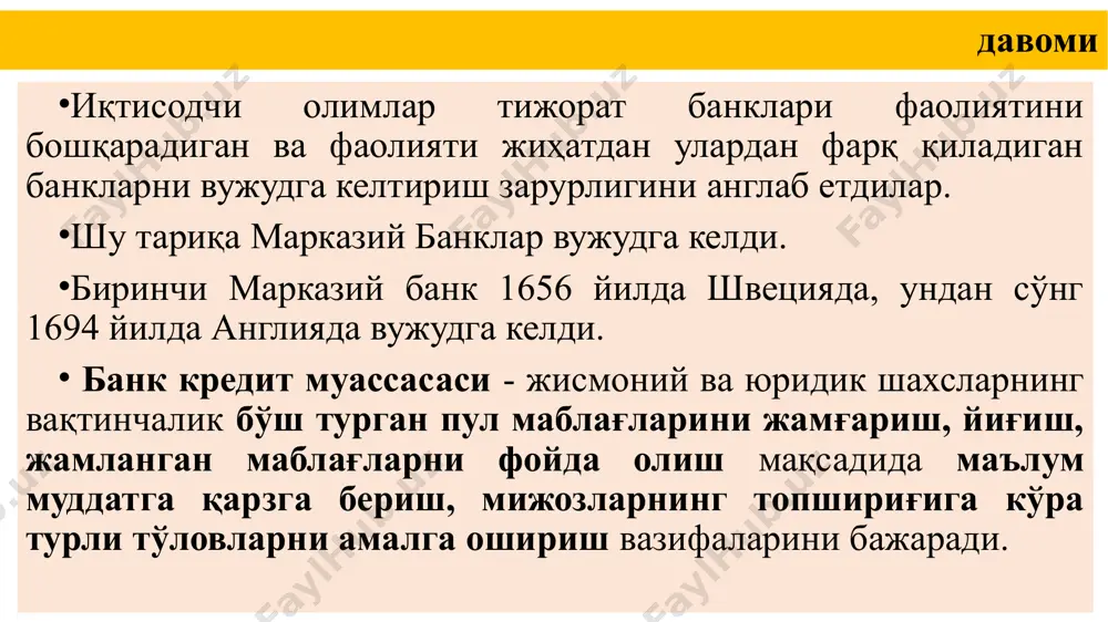 chi mablag‘larning bir qismini majburiy zahiraga ajratish me'yorini belgilanishi. valyuta siyosati mamlakatda pul taklifi miqdoriga bevosita ta'sir ko‘rsatish. mb valyuta sotib pul miqdorini qisqartiradi, xarid qilib esa uning miqdorini oshiradi ochiq bozor siyosati mb tomonidan qimmatli qog‘ozlar savdosi va xaridi hisob siyosati mb tomonidan tijorat banklariga ssudalar berish uchun hisob stavkasi yoki qayta moliyalashtirish stavkasi belgilanishi pul-kredit (monetar) siyosati - iqtisodiyotni barqarorlashtirish siyosatining bir turi bo‘lib, uning maqsadi quyidagilarni ta’minlashga qaratilgandir: barqaror iqtisodiy o‘sish; resurslarning to‘liq bandligi; narxlar darajasining barqarorligi; to‘lov balansining muvozanati. 9-слайд pul-kredit siyosati yakuniy maqsadlari: iqtisodiy o‘sish; to‘liq bandlilik; narxlarning barqarorligi; barqaror to‘lov balansi. oraliq mo‘ljallari: pul massasi; foiz stavkasi; almashinuv kursi pul-kredit siyosatining asosiy vositalarii hisob stavkasi majburiy zaxiralar normasi ochiq bozordagi operatsiyalar pul-kredit richaglaridan foydalanish markaziy bank hisob stavkasining oshirilishi (tushirilishi) majburiy zahiralar normasining oshirilishi (tushirilishi) xususiy banklar tomonidan ssuda kapitali taklifining qisqarishi (o‘sishi) ssuda foizi stavkasining o‘sishi (kamayishi) ssuda kapitaliga talabning pasayishi (oshishi) iqtisodiy …