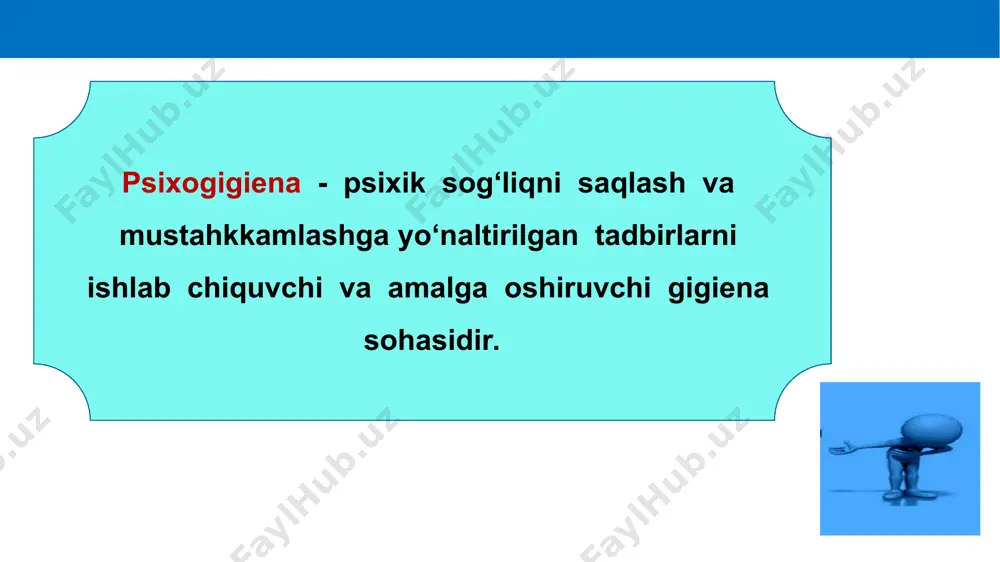 shuncha kuchsiz bo‘ladi. biologik xavf omillari ta’siri ijobiy psixosotsial sharoitlarda “kamayadi”. salbiy psixosotsial sharoitlar ta’siri biror biologik omil ahamiyatsiz bo‘lgan bo‘lsa, kamayadi. biz hisobga olgan psixosotsial sharoitlarni etiopatogenetik nuqtai nazardan 3 guruhga bo‘lish mumkin: 1. bevosita ta’sir etuvchi yuklamalar (bolaga haddan ortiq talab yoki yaqin kishilaridan kutilmagan ayriliq) nerv tizimining kuchli qo‘zg‘alishiga olib keladi. 3.shaxs psixologik salomatligining psixologik -pedagogik sharoitlari 2. kuchsiz yuklama, qo‘zg‘atuvchi va axborotning tanqisligi shaxs taraqqiyoti jarayonida uning bosh miya morfologik o‘zgarishlariga qadar noto‘liq differensiyallashuviga olib keladi. 3.nizoli vaziyatlar bosh miya funksiyalari buzilishiga ta’sir etmaydi. lekin bolaning noadekvat xulq ko‘rinishlarini o‘zgartirishiga yordam beradi. 3.shaxs psixologik salomatligining psixologik -pedagogik sharoitlari e’tiboringiz uchun raxmat! o‘zingizni asrang!