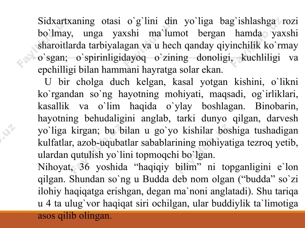oralig‘ida kushon imperiyasi buddaviylikning maxayana yo‘nalishini davlat dini deb e’lon qildi. bungacha buddaviylik hindistonda uzoq tarixga ega bo‘lsa ham, u yerda asosiy yo‘nalish bo‘lgan xinayana bunday mavqega erishmagan edi. kanishka, vima, kadfiz va ulardan keyingi kushon imperatorlari buddaviylikni keng yoydilar. ular bu din an’analarini amalda rivojlantirish, boshqa xalqlar o‘rtasida tarqatish uchun balx, marv, termiz, samarqand, buxoro, shosh, turkiston, quva, koson, o‘sh, bolasog‘un, koshg‘ar va boshqa shaharlarda buddaviylik takyagohlari va xonaqohlari, ibodatxonalarini qurib, buddaviylikning muqaddas kitoblari, sutra va pastrilarni o‘rganish, tarjima qilish va sharhlash uchun sharoit yaratib berdilar. hozirda mamlakatimizdagi qoratepa, fayoztepa, sayram, quva va boshqa joylarda topilayotgan budda haykalchalari yoki ularning parchalari, ayritomdagi ayvon peshtoqi parchasidagi budda musiqachilarining tasviri va boshqa ashyoviy osori atiqalar, saroy va ibodatxonalar o‘rta osiyodagi buddaviylik haqida xabar beruvchi manbalardir. bu dinga tegishli yozma manbalar qadimgi turkiy yozuvda, uyg‘ur bitiklarida va boshqa yozuvlarda saqlanib qolgan. miloddan avvalgi iii–i asrlarda buddaviylik hindiston hududidan chiqib janubi-sharqiy yo‘nalish bo‘yicha …