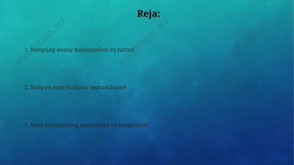 h, bolaning grammatik tuzilmalarni tushunishini va to'g'ri qo'llashini yaxshilaydi. nutqni rivojlantirishda 5-7 yoshdagi bolalar uchun 20 ta yangi so'z va iboralarni o'rgatish, ularni kundalik hayotda qo'llash orqali so'z boyligini kengaytirish samarali usul hisoblanadi. nutq terapiyasi seanslarida obrazli fikrlashni rivojlantirish uchun 3-5 ta turli o'yinlardan foydalanish, bolaning nutq faolligini oshirishga yordam beradi. semantika va pragmatika pragmatikada nutq harakatlari 5 ta asosiy toifaga boʻlinadi: ta'sir koʻrsatish, ma'lumot berish, bahslashish, oʻrganish, muloqot qilish. semantika va pragmatika oʻrtasidagi bogʻliqlikni 3 ta asosiy omil – kontekst, intonatsiya va nutq vaziyati aniqlaydi. semantikada 20 ga yaqin asosiy ma'no turlari mavjud boʻlib, ular soʻzlarning leksik ma'nolarini va ularning oʻzaro munosabatlarini oʻrganadi. fonetika va fonologiya fonologik jarayonlar, masalan, assimilyatsiya yoki dissimilyatsiya, so'zlarning talaffuzida fonetik o'zgarishlarga olib keladi, bu 5 ta asosiy fonetik xususiyatga ta'sir qilishi mumkin. fonetika tovushning fizik xususiyatlarini (chastota, amplituda, davomiyligi) o'rganadi, fonologiya esa bu tovushlar til tizimida qanday funksiya bajarishini, masalan, 20 ga yaqin fonema …