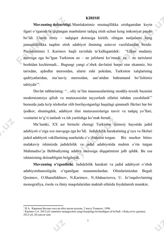 va foydalanilgan adabiyotlar ro’yxatidan iborat. i bob. jadidchilik va uning o’ziga xos g’oyalari mamlakatimizning mustaqillikka erishishi faqat ijtimoiy – siyosiy jihatdangina emas, balki ma’naviy-ma’rifiy tomondan ham juda katta о‘zgarishlarga olib keldi. mazkur ijobiy о‘zgarishlar tufayli, tariximiz sahifalarida qoralanib kelingan davrlar, ijtimoiy-siyosiy harakatlar, oqimlar, buyuk allomalarimiz meroslari endilikda hayotimizning barcha sohalarida qaytadan о‘z о‘rnini egallamoqda, xalqimizning ma’naviy dunyosini boyitish, poklash va rivojlantirish yо‘lida tobora ulkan ahamiyat kasb etib bormoqda. ижтимоий–сиёсий ва маънавий–маърифий ҳаракат бўлмиш жадидчилик ҳам собиқ тоталитар тузум томонидан таъқиқланган ҳодисалардан эди. табиийки, уни холисона ўрганиш мумкин эмасди. чунки жадидчилик ўз олдига қўйган бош мақсад туркистон халқларини мустамлакачилар зульмидан озодликка олиб чиқиш, уларни ҳар томонлама шахс эркинлигини таъминлайдиган янги жамият қуришга тайёрлашдан иборат эди. buning uchun jadidlar quyidagi vazifalarni amalga oshirishni eng muhim va obyektiv zaruriyat deb hisobladilar: 1. turkiston xalqlarini erkparvarlik, millatparvarlik, vatanparvarlik ruhida tarbiyalash. 2. turkistonliklarni jahonning boshqa millatlari bilan har jihatdan teng yashay olish, jahon madaniyati sivilizatsiyasidan …
