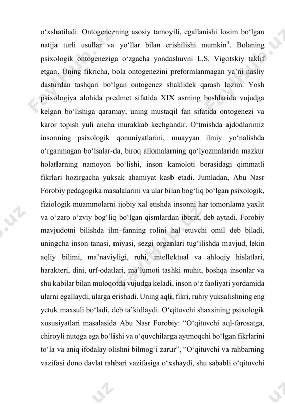 utqga ega bo‘lishi, o‘quvchilarga aytmoqchi bo‘lgan fikrlarini to‘la va aniq ifodalab berishni bilmog‘i lozim. shu bilan birga o‘z or-nomusini qadrlashi, adolatli bo‘lishi lozim. ana shundagina u insoniylikning yuksak darajasiga ega bo‘ladi va baxt cho‘qqisiga erishadi”, deb ta’kidlaydi. abu rayxon beruniy ta’lim va tarbiyaning maqsadi, vazifalari va mavqei, inson, yosh avlodning ontogenezi haqidagi fikrlari chin ma’noda insonparvarlik va insonshunoslik zamirida yaratilgan. bilim va tarbiyaning tabiatga uygunlik tamoyillarini mutafakkirning barcha asarlarida kuzatish mumkin. u insonni tabiatning bir qismi deb ta’kidlaydi. beruniy ta’lim jarayonining mohiyatiga chuqur kirib borib, bolalarning yosh xususiyatlarini hisobga olish asosida qurilgan o‘qitish samarali bo‘lishini uktiradi. beruniy pedagogik ijodida inson va uning baxt–saodati, ta’lim–tarbiyasi, kamoloti bosh masala bo‘lgan. o‘rta asrda yashab, ijod etgan donishmand, tabobat ilmining doxiysi abu ali ibn sino inson ruhiyati, tana va kalbning birligi, inson organizmining tuzilishi, undagi nerv faoliyati va ularning tarmoklanishi, holatlari haqidagi qimmatli ma’lumotlari hozirga qadar tibbiyotning muhim negizini tashkil etadi. abu ali ibn …