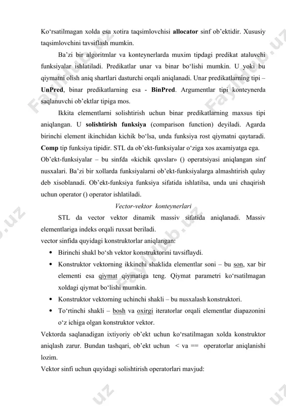 lari · insert(p,x) r ko‘rsatgan elementdan oldin xni qo‘shish · insert(p,n,x) rdan oldin xning n nusxalarini qo‘shish · insert(p,first,last) rdan oldin [first:last]dagi elementlarni qo‘shish · push_back(x) oxiriga xlarni qo‘shish · push_front(x) yangi birinchi elementni qo‘shish (ikta uchga ega bo‘lgan tartiblar va ro‘yxatlar uchun) elementlarni o‘chirish usullari · erase(p) r pozitsiyadagi elementni o‘chirish; · erase(first,last) [first:last]dan elementlarni o‘chirish; · pop_back() oxirgi elementni o‘chirish; · pop_front() birinchi elementni o‘chirish (ikta uchga ega bo‘lgan tartiblar va ro‘yxatlar uchun) o‘zlashtirish usullari · operator=(x) konteynerga x konteynerni elementlari o‘zlashtiriladi; · assign(n,x) konteynerga x elementning n nusxasi o‘zlashtiriladi (assotsiativ bo‘lmagan konteynerlar uchun); · assign(first,last) [first:last] diapazondagi elementlarni o‘zlashtirish assotsiativ usullari · find(elem) elem qiymatga ega bo‘lgan birinchi elementni pzitsiyasi topadi · lower_bound(elem) element qo‘yish mumkin bo‘lgan birinchi pozitsiyani to‘padi · upper_bound(elem) element qo‘yish mumkin bo‘lgan oxirgi pozitsiyani to‘padi · equal_range(elem) element qo‘yish mumkin bo‘lgan birinchi va oxirgi pozitsiyalarni to‘padi assotsiativ usullar · operator[](k) k kalitli elementga …