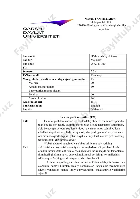 o‘zlashtirish natijasida talaba: mumtoz adabiyot tushunchasi, mumtoz poetika, mumtoz ijodkorlarning hayot yo‘li va ijodiy faoliyati, ularning millat va jahon madaniyati rivojiga qo‘shgan hissasi, o‘zbek davlatchiligi va ma’naviyati tarixida tutgan o‘rni haqida bilimga ega bo‘lishi ko‘nikmalar jihatidan tn2 -mumtoz adabiyot bilan bog‘liq tushuncha va tamoyillar, mumtoz poetika asoslari, balog‘at ilmi, ilmlar uchligi, mumtoz asarlarning mazmun-mohiyati, majoz tariqida yozilgan she’rlarida qo‘llangan ilmiy, diniy-asotiriy va tasavvufiy istilohlarni sharhlash, badiiy nasr stilistikasi, ramz, timsol va obrazlar mohiyatini anglash, mumtoz asarlar tili, ilmiy-filologik, tarixiy, irfoniy, diniy-falsafiy asarlarning o‘ziga xos jihatlari, ma’no qatlamlari, ushbu asarlarning o‘zbek va jahon adabiyotining keying rivojiga ko‘rsatgan ta’siri bilan bog‘liq ko‘nikmaga ega bo‘ladi. malaka jihatidan tn3 -o‘zbek adabiyoti tarixini sharq va jahon adabiyoti kontekstida qarash lozimligini uqtirish, egallangan bilim va malakani umum ma’naviyatini rivojlantirish yo‘lida amaliyotga tatbiq etish umumiy kompetensiyalarga ega bo‘lishi kerak fan mazmuni mashg‘ulotlar shakli: ma’ruza (m) i modul m1 kirish. kursning maqsad va vazifalari. eng qadimgi og‘zaki va …