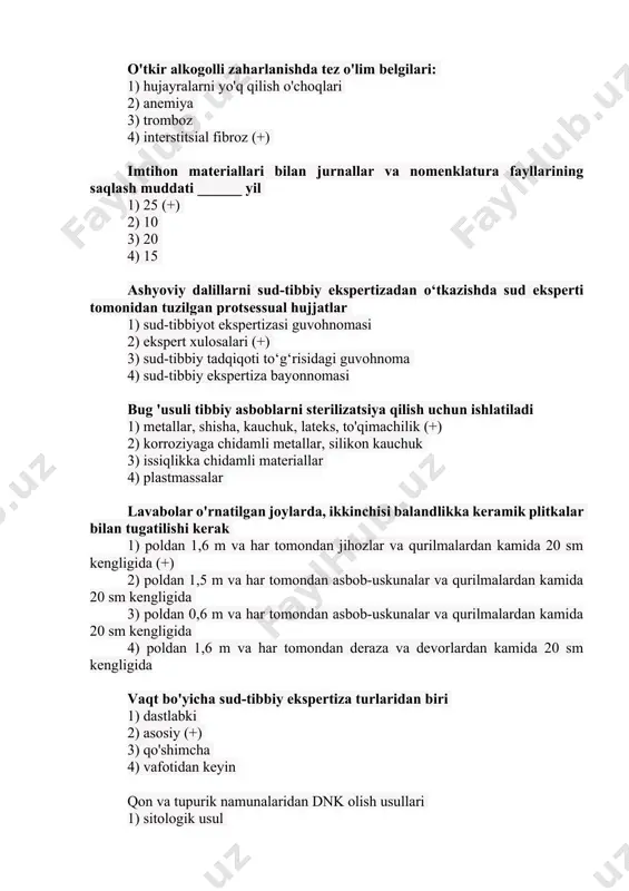 2) qora matolar (+) 3) teri binafsha-ko'k 4) shaffof suyuqlik bilan to'ldirilgan xira pufakchalar to'g'ri biriktiruvchi to'qimalarning tarkibi o'z ichiga oladi 1) pigment to'qimasi 2) bo'shashgan va zich tolali biriktiruvchi to'qima (+) 3) xaftaga tushadigan to'qima 4) suyak to'qimasi bahsli otalikni tekshirishda a va b antijenlarini aniqlash uchun ular foydalanadilar 1) suyultirilgan zardob 2) qizil qon tanachalarining suspenziyasi (+) 3) to'liq zardob 4) butun qizil qon tanachalari laboratoriya idishlarida yashirin qon izlarini aniqlash uchun namunadan foydalaniladi. 1) azopiramik test (+) 2) fenolftalein testi 3) kraxmal sinovi 4) yuridik namuna terining shikastlanishi eng tez davolanadi 1) qo'llar 2) oshqozon 3) bosh (+) 4) orqaga sochlar jinsini aniqlash uchun ishlatiladi. 1) periferik uchi 2) tayoq 3) o'lik lampochka bilan ildiz uchi 4) ildiz uchi yashovchan lampochka va vaginal membranalar (+) jasaddan suyuq qon namunasini oladi 1) tadqiqot olib boradigan ekspert (+) 2) tartibli 3) laborant 4) hamshira "gipertrofiya" atamasi ma'nosini anglatadi 1) …