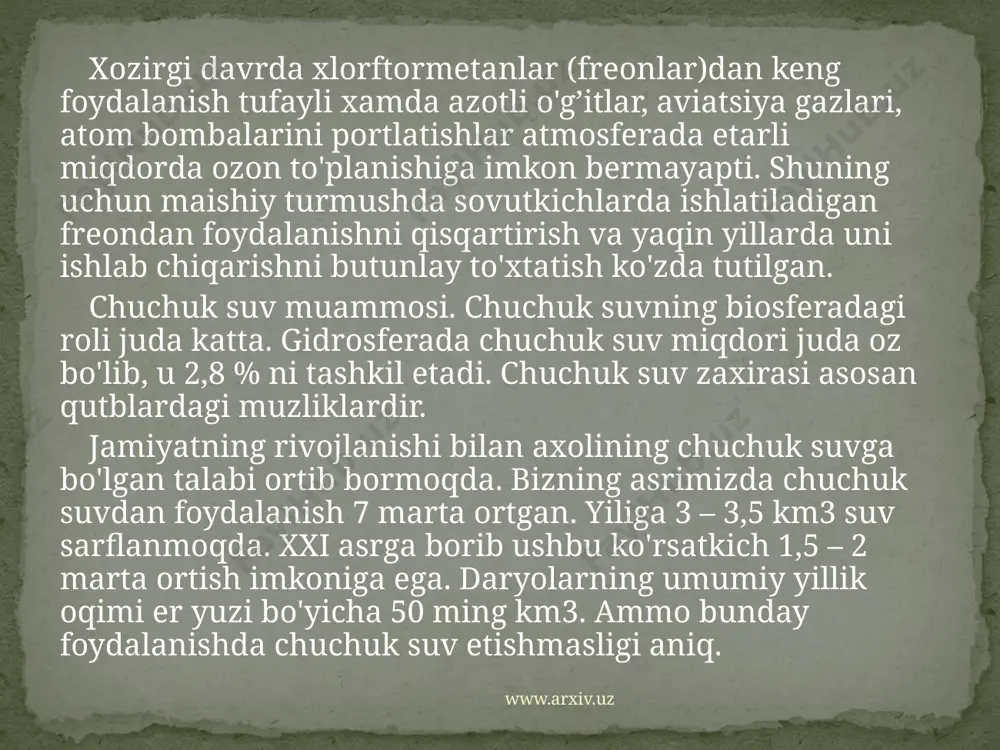 80 % avtomashinalarga to'g’ri keladi. maxalliy ekologik muammolar www.arxiv.uz samarqand shaxrida 100 mingdan ortiq avtomobillar mavjud. avtomobillar ko'p yuradigan katta ko'chalar atrofida uglerod oksining miqdori ruxsat etilgan me'yordan (rem) 2 – 3 marta, azot oksidi 2 – 2,5 marta ortiqligi kuzatilgan. shaxarda a.a.rudakiy, yu.a.gagarin, y.oxunboboev, «universitet xiyoboni», a.ikromov, a.temur, sh.rashidov, v.abdullaev ko'chalarida gazlar bilan ifloslanish juda kuchli. samarqand va navoiy shaxarlari axolisi uchun maxalliy axamiyatga ega bo'lgan muammolardan yana biri zarafshon daryosining og’ir metallar bilan ifloslanishidir. a.raxmatullaev va r.i.mamajonovlarning (1998) ma'lumotlariga qaraganda bu shaxarlarga yaqin zarafshon daryosining suvi tarkibida mis va rux me'yorlaridan 1,5 – 20 marta, olti valentli xromning o'rtacha miqdori navoiy shaxri yaqinida 4 barobar ortiqligi, eng ko'p miqdori 17,4 marta ko'pligi aniqlangan. bundan tashqari xar birimizning xovlimiz, uy-joyimiz, maxalla va tanamizning sanitariya xolati xam ba'zi ekologik muammolarga olib kelishi mumkin. www.arxiv.uz www.arxiv.uz markaziy osiyo agrolandshaftlarining ekologik vaziyatining buzilishiga ta'sir etuvchi omillardan yana biri madaniy tuproqlarning qaytadan sho'rlanish …