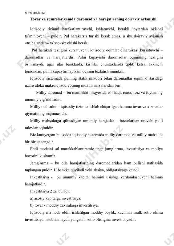 va moliyaviy oraga kiruvchilar (sug`urta kompaniya, pensiya fondi…) kiradi. bular pul jamg`armalarining yarmini uzidan o`tkazadi, ikkinchi yarmi oila ho`jaliklari aksiya, obligatsiya va boshqa qimmatbaho qog`ozlar sotib olish orqali utadi. jami taklif – iqtisodiy tizimda ishlab chiqarilgan butun tovar va xizmatlar qiymatining yig`indisi. jami talab – haridorlar tomonidan muljallangan yangidan ishlab chiqarilgan butun haridlar yig`indisi. bu ikkalasi bir-biriga teng buladi, agar kamroq sotilsa, shunga mos tovar zapaslari usadi va barobarlik tiklanadi. agar bozorlarda tovarlar sotilmay kolsa, firmalar yo ishlab chiqarishni kamaytiradi yoki tovarlar narxini tushiradi. teskarisi sodir bulib, tovarlar keragidan ortikcha sotilsa, tovar zapaslari yeyiladi, natijada esa narx ko`tariladi yeki ishlab chiqarish kupaytiriladi. shunday kilib: shunday kilib, uy ho`jaliklari firmalarni ishlab chiqarish omillari bilan ta`minlab turadilar, ular esa bu omillardan foydalanib tovar va xizmatlar ishlab chiqaradilar. bunga ayirbosh sifatida korxonalar uy ho`jaliklarini daromadlar bilan ta`minlab boradilar, bunga esa uy ho`jaliklari firmalar tomonidan ishlab chiqarilgan tovar va xizmatlarni sotib oladilar. agar uy …