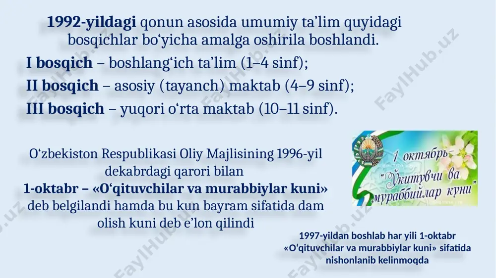 «talim to‘g‘risida»gi qonunga muvofiq 5 yillik oliy ta’limdan 4 yillik bakalavriat va 2 yillik magistratura bosqichlaridan iborat ikki pog‘onali tizimga o‘tildi. prezidentning 2013-yildagi «yuridik kadrlar tayyorlash tizimini yanada takomillashtirish to‘g‘risida»gi qaroriga muvofiq yuridik institut universitet maqomida qayta tashkil etildi, 2014-yildagi qarori asosida toshkent davlat stomatologiya instituti ta’sis qilindi. 2017-yilga kelib, mamlakatimizda 80 dan ortiq oliy o‘quv yurti, jumladan, 19 ta universitet, 37 ta institutlar, 6 ta akademiya, 1 ta konservatoriya, 1 ta raqs va xoreografi ya oliy maktabi, 13 ta otmlar fi liallari, 6 ta xorijiy davlatlar otmlarining fi liallari faoliyat ko‘rsatmoqda. xorijiy universitetlarning toshkentdagi filiallari vestminster universiteti -2002 m.v.lomonosov nomidagi moskva davlat universitetining filiali 2006 i.m.gubkin nomidagi rossiya neft va gaz davlat universiteti filiali 2007 singapur menejmentni rivojlantirish instituti filiali 2008 turin politexnika universiteti filiali 2009 g.v.plexanov nomidagi rossiya iqtisodiyot akademiyasi filiali 2009 janubiy koreyaning inha universiteti filiali 2014 oliy taʼlim vazirligi maʼlumotiga koʻra, bugungi kunda oʻzbekistonda 159 ta, …