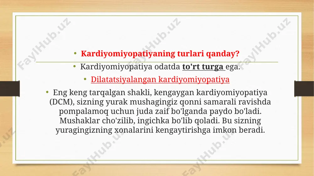 ez-tez paydo bo'ladigan yurak izlari, bunga sabab bo'lishi mumkin. bu yurak kasalligi natijasida ham paydo bo'lishi mumkin. kardiyomiyopatiyaning quyidagi turlarining aksariyati avvalgi to'rtta tasniflardan biriga tegishli, ammo ularning har biri o'ziga xos sabablari yoki asoratlari bor. peripartum kardiomiopatiya homiladorlik paytida yoki undan keyin paydo bo'ladi. ushbu noyob turdagi yurak tug'ruqdan keyingi besh oy ichida yoki homiladorlikning so'nggi oyida zaiflashganda paydo bo'ladi. tug'ilgandan keyin paydo bo'lganda, ba'zida tug'ruqdan keyingi kardiyomiyopatiya deyiladi. bu kengaygan kardiyomiyopatiyaning bir shakli va bu hayot uchun xavfli holatdir. hech qanday sabab yo'q. alkogolli kardiyomiyopatiya uzoq vaqt davomida juda ko'p spirtli ichimliklarni iste'mol qilishiga bog'liq bo'lib, bu sizning yuragingizni susaytirishi mumkin, shuning uchun u qonni samarali ravishda pompalamaydi. keyin yuragingiz kattalashadi. bu kengaygan kardiyomiyopatiyaning bir shakli. kardiyomiyopatiya xavfi kimga tegishli? kardiyomiyopatiya har qanday yoshdagi odamlarga ta'sir qilishi mumkin. asosiy xavf omillariga quyidagilar kiradi: oilada kardiomiopatiya, to'satdan yurak to'xtashi yoki yurak etishmovchiligi yurak tomirlari kasalligi diabet og'ir semirish sarkoidoz …