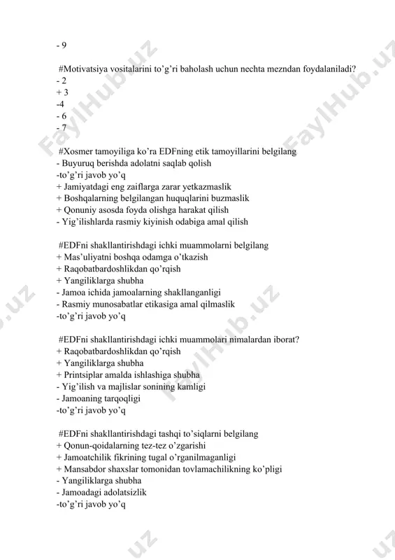ikasi - shifokor huquqlari -to’g’ri javob yo’q #shifokor deontologiyasida tibbiyot hodimilarining munosabatlari turlarini belgilang - shifokor etikasi - bemor va shifokor huquqi -to’g’ri javob yo’q + shifokor siri + tibbiyot hodimi va bemor yaqinlari + shifokor xatosi #ishlayotgan ayollarning muammolari + ayollarning yuqori martabalarga ko’tarilishining cheklanganligi + ayollar sha’niga zo’ravonlik + oila va ishni tanlash kerakligi - ish miqdorining ko’pligi - ish soatlarining ko’pligi -to’g’ri javob yo’q #shifokorlarning umumiy vazifalarini belgilang + bemor va hamkasblari bilan samimiy munosabatda bo’lish + har doim eng yuqori professional standartlarga rioya qilish + bemorning qadr-qimmatini birinchi o’ringa qo’yish - etika kodeksiga amal qilish - o’z ishida yordamchi olish -to’g’ri javob yo’q #bemorga nisbatan shifokorning qanday vazifalari bor? + inson hayotini saqlab qolish shifokorning burchi - bemordan moddiy to’lov talab qilmaslik -to’g’ri javob yo’q - qonuniy maqomga ega bo’lmagan bemorni davolamaslik + yordamga muhtoj bo’lganlarga shoshilinch tibbiy yordam ko’rsatish + shifokor bemor o’limidan keyin ham …