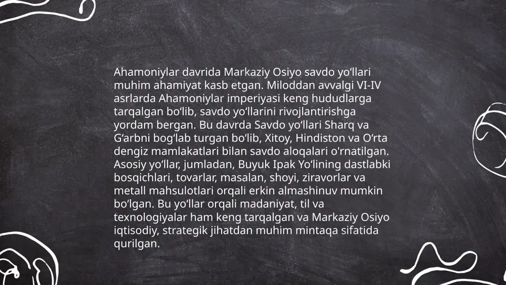gan bo‘lib, ular orqali qo‘shinlarni harakatlantirish va ta’minlash oson edi. harbiy strategiyalari ko‘p jihatdan piyoda askarlar va otliq qo‘shinlardan iborat bo‘lib, ular minglab askarlardan tashkil topgan edi. ahamoniylar zamonida kommunikatsiya uchun "qirollik yo‘li" tizimi orqali tezkor aloqa yo‘lga qo‘yilgan. bu strategiyalar va tuzilmalar yaqin sharqda uzoq vaqt davomida barqarorlikni ta’minlagan. ... t.me/slaydai_bot ahamoniylar davrida (miloddan avvalgi 550-330 yillar) markaziy osiyo hududida madaniy rivojlanish sezilarli o‘zgarishlarga yuz tutdi. ushbu davrda yozuv amaliyoti tarqaldi, fors va qadimgi elam yozuvi ishlatildi. arxitektura sohasida persepolis kabi monumental binolar va zardushtiylik diniy komplekslari qurildi. zardushtiylik dini ahamiyat kasb etdi, uning ta’siri san’atda va jamiyatning kundalik hayotida sezildi. shaharlarda savdo rivojlanib, ipak yo‘li orqali madaniy aloqalar kuchaydi. turli elatlardan iborat aholida fors tili hukmron bo‘lib, davlatning rasmiy tili sifatida foydalanildi. shu bilan birga, mahalliy tillar va madaniyatlar ham o‘z o‘rnini saqlab qoldi. ... t.me/slaydai_bot 13. ahamoniylar davrida markaziy osiyo san'ati ahamoniylar davrida (miloddan avvalgi 6-4 asrlar) …