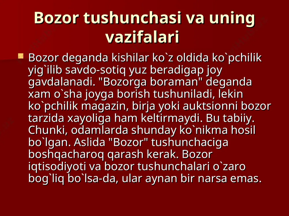 qdordagi paxta davlatga etkazib beriladi, paxtaning qolgan qismi erkin narxlarda sotiladi. bozordan tovarni sotib olish uchun pul kerak, buning uchun esa nimanidir sotish kerak. demak, haridor, albatta, sotuvchi vazifasini ham o`tashi lozim. uy bekasi bozor qilganda pul bilan chiqib, uyiga tovar bilan qaytadi. u go`yo hech narsa sotmadi. to`g`ri, u shu damda tovar sotmadi, lekin uning hamyonidagi puli oldin sotilgan tovarning xaqi. masalan, uning oila a`zolari o`z ish kuchini firmaga yoki davlatga sotib, ish xaqi olgan. shu pulni beka bozorga olib chiqadi. mazkur oila bankka pul quygan bo`lsa, unga ham haq oladi, uyini ijaraga bersa, ijara xaqi oladi. uy bekasi uchun sotish operatsiyasi oldin bo`lib, xarid etish operatsiyasi keyin bo`lgan, xolos. demak, bozorda oldi-sotdi har xil vaqtda kechishi mumkin. bozorda davlatning ishtiroki boshqacharoq. agar davlatning korxonasi bo`lsa, u ham tovar sotadi. ammo aksariyat davlat idoralari va mahkamalari bozorda o`z xizmatini sotadi. bu xizmatning xaqi olinadigan soliqlar hisoblanadi. tushgan pulga davlat …