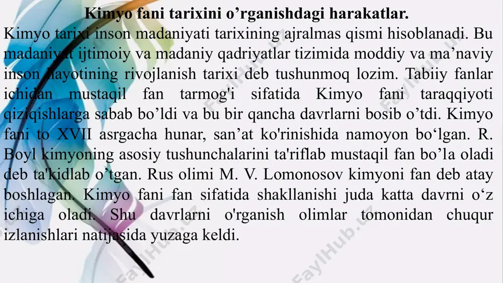 (sivilizasiya davridan boshlab iii asrgacha) 2. alkimyo davri (iii asrdan xvi asrgacha) 3. kimyoning birlashish davri (xvi asrdan xviii asrgacha) yatrokimyo flogiston pnevmokimyo a.l.lavuazьyening antiflogiston nazariyasi 4. miqdoriy qonunlari davri (xviii asrdan xixasrgacha) 5. klassik kimyo davri 6. kimyoning zamonaviy davri 1.alkimyodan oldingi davr (siyilizatsiya davridan boshlab iii asrgacha) alkimyodan oldingi davrda insoniyat o‘z ehtiyojlarini qondirish maqsadida tabiiy boyliklardan foydalanish asnosida metallardan qurol-aslahalar tayyorlash, terini oshlash, dori moddalar, kosmetika va shu kabi. moddalar bilan amaliy kimyoning dastlabki kurtaklarining keng yoyilishiga sabab bo’lgan. shu bilan birga alkimyodan oldingi davrda dastlab yunon faylasuflarining borliqning paydo bo’lishi haqidagi falsafiy fikrlari shakllana boshlagan . 2. alkimyo davri. (iii asrdan xvii asrgacha) • alkimyo davri ham o’z navbatida 3 qismga bo‘linadi: • misr-yunon alkimyosi • arab alkimyosi • yevropa alkimyosi alkimyo davrining asosiy maqsadi oddiy metallarni qimmatbaho metallarga aylantirish uchun falsafa toshini qidirish bo‘lgan. 3.kimyoning birlashish davri (xvi asrdan xviii asrgacha) — yadrokimyo — flogiston …