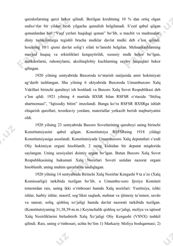 1920 yilning 14 sentyabrida birinchi xalq nozirlar kengashi 9 ta a’zo (xalq komissarligi) tarkibida tuzilgan bo‘lib, u umumbu-xoro ijroiya komiteti tomonidan rais, uning ikki o‘rinbosari hamda xalq nozirlari: yustitsiya, ichki ishlar, harbiy ishlar, maorif, sog‘likni saqlash, mehnat va ijtimoiy ta’minot, savdo va sanoat, soliq, qishloq xo‘jaligi hamda davlat nazorati tarkibida tuzilgan. (konstitutsiyaning 31,38,39-m.m.) keyinchalik qishloq xo‘jaligi, moliya va iqtisod xalq nozirliklarini birlashtirib xalq xo‘jaligi oliy kengashi (vsnx) tashkil qilindi. rais, uning o‘rinbosari, uchta bo‘lim 1) markaziy moliya boshqarmasi; 2) markaziy yer- suv boshqarmasi; 3) savdo va sanoat boshqarmalari tarkibida tuzildi. ushbu tashkilot xalq nozirlar kengashi, buxoro iqtisodiy kengashi nomlari bilan qayta nomlangan. bxsr viloyat, tuman, kent sovetlari va ularning ijroiya komitetlari tashkil qilinib, mahalliy boshqaruvni amalga oshirgan. 1923 yilning 23 sentyabrida buxoro mik qoshida turkman bo‘limi tashkil qilingan. uni turkmanlardan bo‘lgan shaxs boshqar-gan. tojiklar ko‘pchilikni tashkil qilgan, sharqiy buxoro alohida huquqiy rejim asosida komissiya orqali boshqarilgan. o‘z nizomiga ko‘ra komissiya …