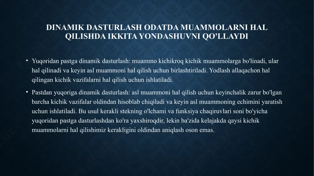 tuzilmalar odatda rekursiyalardir. biz rekursiyadan foydalanganimizda ma’lum darajada tuzilayotgan dasturimizni optimallshtiramiz. fibonachchi ketma-ketligining pythondagi dinamik dasturi class solution(object): def fib(self, n): #int parameter sifatida qabul qiladi va int qaytarishi kerak ""“ :type n: int :rtype: int ""“ if n == 0: return(0) if n == 1: return(1) dp = [0] * (n + 1) dp[0] = 0 dp[1] = 1 print("oldindan yaratilgan dinamik massiv= ", dp) for i in range(2,n+1): dp[i] = dp[i-1] + dp[i-2] print("to’ldrilgandan keyin dinamk massiv yaratiladi= ", dp) return(dp[n]) statik ma’lumotlar bilan ishlasha quyidagi muammolar kelib chiqadi int numbers[100]; //100 ta butun son uchun statik massiv. 1-muammo: bu yerda dasturimizning imkoniyatlarini chegaralaymiz, chunki u 100 dan ortiq raqamni saqlay olmaydi. 2-muammo: masalan, faqat 1 ta raqamni saqlash kerak bo'lganda va 100 ta raqam uchun xotira ajratilganda resurslardan samarasiz foydalanyapmiz. ushbu muammolarning asosiy sababi kompilyator tomonidan massiv uchun statik bo’lgan, doimiy xotirani ajratishdir. dastur foydalanuvchidan o'ziga xos …
