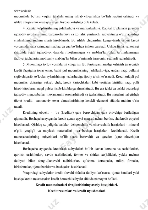 d pulsiz hisob-kitoblarga almashtiradi. bu esa ichki va tashki bozordagi iqtisodiy munosabatlar mexanizmini osonlashtiradi va tezlashtiradi. bu masalani hal etishda tijorat krediti zamonaviy tovar almashinishining kerakli elementi sifatida muhim o`rin tutadi. kreditning obyekti - bu (kreditor) qarz beruvchidan qarz oluvchiga beriladigan qiymatdir. boshqacha aytganda kredit aynan qaysi maqsad uchun berilsa, shu kredit obyekti hisoblanadi. qishloq xo`jaligida banklar dehqonchilik va chorvachilik harajatlari - mineral o`g`it, yoqilg`i va moylash materiallari va boshqa harajatlar kreditlanadi. kredit munosabatlarining subyektlari bo`lib (qarz beruvchi) va qarzdor (qarz oluvchi)lar hisoblanadi. boshqacha aytganda kreditlash subyektlari bo`lib davlat korxona va tashkilotlari, qurilish tashkilotlari, savdo tashkilotlari, fermer va shirkat xo`jaliklari, yakka mehnat faoliyati bilan shug`ullanuvchi tadbirkorlar, qo`shma korxonalar, mikro firmalar, birlashmalar, tijorat banklar va boshqalar hisoblanadi. yuqoridagi subyektlar kredit oluvchi sifatida faoliyat ko`rsatsa, tijorat banklari yoki boshqa kredit muassasalari kredit beruvchi subyekt sifatida namoyon bo`ladi. kredit munosabatlari rivojlanishining asosiy bosqichlari. kredit resurslari va kredit uyushmalari o`zining tarixiy rivojlanishida kredit quyidagi …