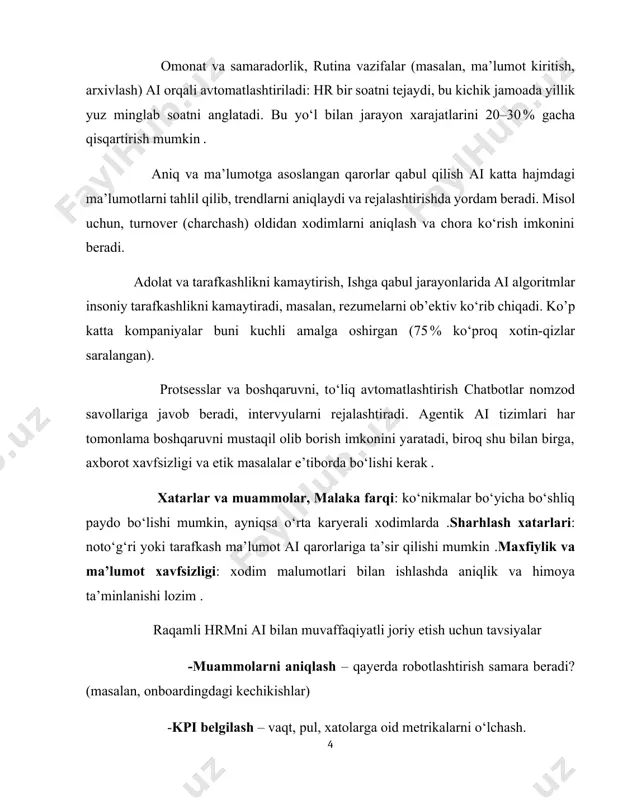 oid metrikalarni o‘lchash. -pilot sinovlar – kichik doirada sinab ko‘rish va natijalarni tahlil qilish. -governenance va etik qoidalar – algoritmlarni munosabatli nazorat qilish, maxfiylikni ta’minlash . kelajak yo‘nalishlari, agentik ai tizimlari hrm’ni mutlaqo yangi pog‘onaga chiqaradi, doimiy vazifalarni kerak bo‘lmasa ham mustaqil bajaradi, - ammo, siyosiy va iqtisodiy jihatlarni ham nazorat qilish kerak – ai bu sohadagi ishlarni deyarli har tomonlama o‘zgartiradi, lekin “kim uchun va qanday qilib” foydalanish muhim rol o‘ynaydi. yangi xodim odatda 1 hafta davomida kuzatuv ostida ishlaydi. unga tajribali ustalar tomonidan yo‘l-yo‘riq beriladi. bu davrda u: ish tartibi,jamoa odati, texnik jarayonlarni bosqichma-bosqich o‘rganadi, savollar berish va fikr almashish uchun muntazam tekshiruvlar bo‘lib o‘tadi. rolga mos vazifalarni bajaradi, kichik topshiriqlar ustida o‘z-o‘zini sinaydi — bu bilan tezroq tayyor bo‘lish va jamoaga kirib borish tavsiya etiladi, agar bu vazifalarni yaxshi o’zlashtirmasa va ishga o’z vaqtida kelmasdan etiborsizlik qilsa, bu o’zining kelajakdagi ish jarayoniga juda katta ta’sir qiladi. misol …