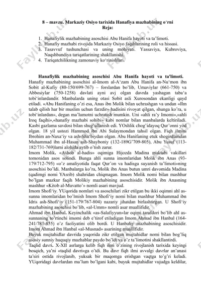 hanafiylik mazhabining o'rni markaziy osiyo tarixida — DOCX