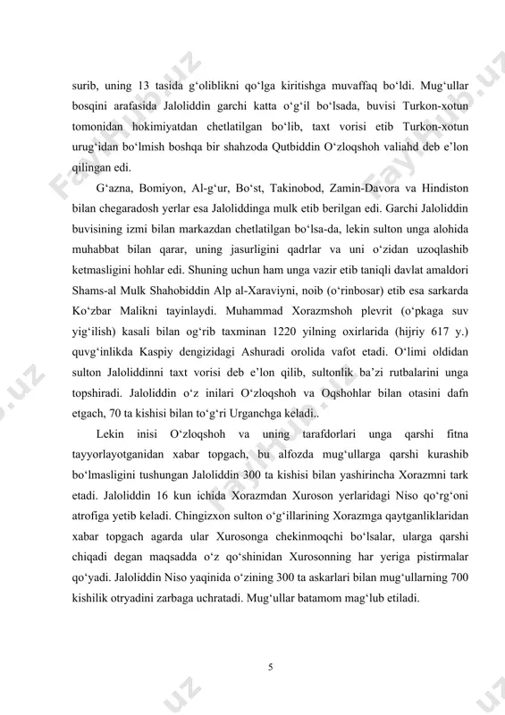 qo‘lga tushib, qatl etiladilar. mug‘ullar qatl etilgan shahzodalarning kallalarini namoyishkorona tarzda birmuncha vaqt xurosonda olib yurishadi. jaloliddinning yana bir inisi rukniddin g‘ursanjiy (manbalar unga «aql-zakovat va ko‘rkamlikda tengi yo‘q» deb ta’rif berishgan) eronning ustunavand qal’asida 6 oy mug‘ullarga qarshi kurash olib borib, mardonavor tarzda halok bo‘ladi. jaloliddin esa bu vaqtda nishopurga yetib keladi. bir oy davomida mug‘ullarga qarshi kurashish maqsadida barcha amir, sarkardalarga qo‘shin yig‘ish xususida murojaat qiladi. mug‘ullar uning ushbu faoliyatidan xabardor bo‘lganliklarini bilgach, zavzon (nishopur va hirot oralig‘ida) tumanidagi al-qohira qal’asiga kelib o‘rnashadi. afsuski, bu vaqtda mahalliy noib hokimlar uning atrofida jipslasha ololmaydilar. hali yetarli kuchga ega bo‘lmagan jaloliddin qal’ada uzoq turish xavfli ekanligini tushunib, g‘azna tomon yo‘l oladi. chingizxon esa bu vaqtda ulkan qo‘shin bilan xurosonga izma-iz kelayotgan edi. jaloliddin g‘aznaga yetmasdan yaqin orada hirot hokimi hamda qayinotasi bo‘lmish amin malik bilan uchrashadi va ular birgalikda qandahor qal’asini qamal qilayotgan mug‘ullar ustiga yurish qiladilar. jaloliddin bu kurashda …