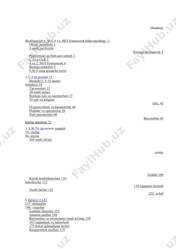 ar 296 7. 301 hyperlink "https://translate.googleusercontent.com/translate_f" \l "bookmark1078" to'plamlar sanoq 301 icollection va ilist interfeysi 309 array klassi 313 321- ro'yxatlar, navbatlar, steklar va to'plamlar lug'atlar 330 moslashtirilgan to'plamlar va ishonchli shaxslar 336 tenglik va tartib bo'yicha ulanish 343 8. linq so'rovlari hyperlink "https://translate.googleusercontent.com/translate_f" \l "bookmark1623" 351 ishni boshlash 351 ravon sintaksisi 353 savolli iboralar 360 kechiktirilgan ijro 364 370- so'rov tarkib strategiyalari 373 proektsion strategiyalar 377 sharhlangan so'rovlar 379 sql-ga va mantiqiy asoslarga nisbatan linq 386 savolli iboralarni qurish 400 9. 407 hyperlink "https://translate.googleusercontent.com/translate_f" \l "bookmark1802" linq operatorlari sharh 409 filtrlash 412 loyihalash 416 428 ga qo'shilish buyurtma 436 439 guruhlash 442-sonli operatorlarni sozlang konversiya usullari 443 element operatorlari 446 yig'ish usullari 448 quantifiers 453 avlod usullari 454 10. xml hyperlink "https://translate.googleusercontent.com/translate_f" \l "bookmark2019" 455-ga hyperlink "https://translate.googleusercontent.com/translate_f" \l "bookmark2019" linq arxitektura obzori 455 x-dom sharhi 456 mundarija | v bir misol x-dom 460 navigatsiya va so'rov 462 x-dom 467 …
