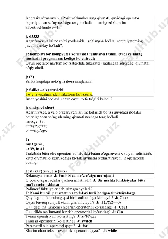 operatori nimani bajaradi? j: siklni uzish operatori return operatori nimani bajaradi? j: funktsiyadan qaytish operatori dastur ishi davomida o’zgarmaydigan ma’lumotlar (qiymatlar) deb ataldi. j: o’zgarmaslar dastur ishi davomida bir necha marta o’zgarishi mumkin ma’lumotlar (qiymatlar) deb ataldi. j: o’zgaruvchilar bir sikl ichida boshqa sikl hosil qilinganda, bunday sikllar deb ataladi. j: ichiga kiritilgan massivi kattaligi nima? j: massivdagi elementlar soni massiv elementlari … j: bir tipda bo’lishi kerak ikki o’lchamli massiv boshqacha qanday deb ataladi? j: matritsa o’tish operatori nima uchun xizmat qiladi? j: belgi bilan belgilangan operatordan boshlab dasturni bajarishni davom ettirish uchun dasturlashda o’zgaruvchi nima bilan xarakterlanadi? j: nomi va tipi bilan maxsus tilda yozilgan va kompyuter tomonidan bajarish uchun mo’ljallangan amallar ketma-ketligi nima deb ataladi? j: dastur qaysi operator yordamida konstantalar aniqlanadi? j: const 60,25е+6 nechaga teng? j: 60250000 c++ tili kim tomonidan tuzilgan? j: c++ tilini 80 yillarda at&t bell labs korxonasi ishchisi byarnom straustrup tuzgan …