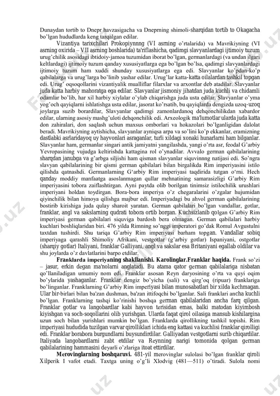 a katta guruhga – keltlar, germanlar va slavyanlarga bo’lib o’rganish mumkin. varvarlarning ijtimoiy tuzumi rimnikidan butunlay farq qilardi. ularda hali yirik ijtimoiy toifalar tarkib topmagan edi, xaqiqiy ma'nodagi davlat yo’q edi; varvarlarda urug’chilik munosabatlari xalq ijtimoiy munosabatlarning asosiy turi edi; bu qabilalar aholisining asosiy ommasi erkin kishilardan iborat edi. bu tuzum ibtidoiy-jamoa tuzumi bo’lib, eramizning iv-v asrlarida anchagina chirigan edi, lekin shunday bo’lishiga qaramay, urug’chilik munosabatlari ham ishlab chiqarish vositalarining ijtimoiy mulkligi (jamoa yer egaligi) ham hali butunlay yo’qolmagan edi. rim mana shu varvar qabilalariga qarshi yuzlarcha yil davomida kurash olib bordi. rimning varvarlar ustidan g’alaba qilishi natijasida varvarlarning ko’pi qullarga aylantirildi. varvarlarning shimoliy chekka o’lkasi uzoq vaqtgacha rimga o’z quldorlik latifundiyalarini ishchi kuchi bilan ta'minlab turadigan asosiy manba bo’lib keldi. keltlar. rim dastavval keltlar bilan to’qnashdi. kelt kabilalari eramizdan oldingi birinchi ming yil o’rtalarida va ikkinchi yarmida ayniqsa g’arbiy yevropaning ancha katta hududiga o’rnashib olgan edi. eramizdan oldingi vi-iii …