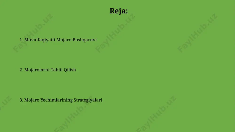 on beradi va konfliktning kuchayishi xavfini 50% ga kamaytiradi. konfliktning sababini aniqlash va uni 3 bosqichda tahlil qilish: 1) vaziyatni ob’ektiv baholash, 2) qarama-qarshilikning mohiyatini aniqlash, 3) qaror qabul qilish uchun imkoniyatlarni o‘rganish – muvaffaqiyat kalitidir. mojarolarni boshqarish usullari kompromiss yondashuvi ikki tomonning ham ba’zi talablaridan voz kechishini nazarda tutib, 60% ga yaqin muvaffaqiyat ko'rsatkichiga ega. mojarolarni hal qilishning 5 bosqichli modeli samarali muloqotni, manfaatlarni aniqlashni va o'zaro kelishuvga erishishni o'z ichiga oladi, muvaffaqiyat darajasi 80% ga yetadi. mojarolarni tushunish kompromis topish strategiyasi mojarolarni 85% hollarda ijobiy natijaga olib keladi, ammo bu har ikki tomon uchun qisman yutuqni anglatadi. mojarolarni hal qilishda 5 bosqichli model samaradorligini 30% ga oshirishga yordam beradi, bu esa 20% vaqt tejashga olib keladi. muloqot va tinglash ko'nikmalari samarali tinglash va ochiq muloqot orqali his-tuyg'ularni ifoda etish imkoniyati 2 barobarga oshadi, bu esa konfliktning kuchayishining oldini oladi. konfliktli vaziyatlarda 5 ta asosiy muloqot uslubi mavjud bo'lib, …