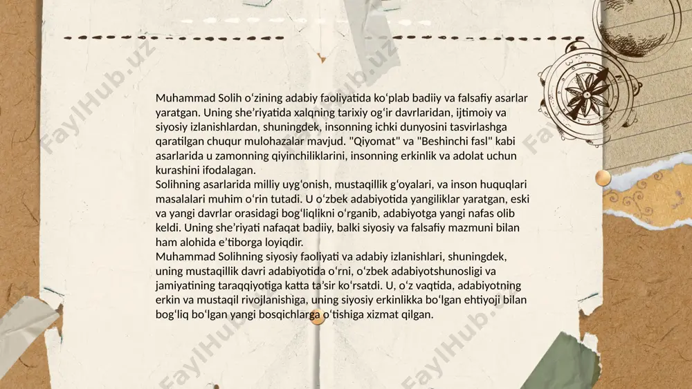 mad solih asarlarida zamondoshlik mavzusi muxim o'rin tutadi. uning izhodida xx va xxi asrlardagi o'zbek jamiyatining izhtimoiy-siyosiy, iktisodiy va madaniy zharayonlari aks etadi. muhammad soligning she'r va nasrlarida insonning khayoti, ozodlik, adolat, va qadr-kimmat kabi mavzular keng yoritiladi. uning asarlari orqali o'tgan asrdagi katta o'zgarishlar, totalitar regilar ta'siri, yangi zamon muammolari o'quvchilarga e'tibor qaratish. uning turli davrlarning she'riyatini ochib beradi va zamonslar uchun va erkinlik hodisalarini oldin suradi. soling asarlari mahsus fikr va dunyoqarash bilan azhralib, ko'plab mukhlislirni o'ziga žalb qiladi. ... t.me/slaydai_bot foydalanilgan adabiyotlar 1 muhammad solih. devoni muhabbat – toshkent: o‘zbekiston fanlar akademiyasi, 1960. 2 valijonova n. muhammad solihning she'riy merosi – toshkent: adabiyot va san’at nashriyoti, 1975. 3 karimov u. o‘zbek mumtoz adabiyoti va muhammad solih ijodi – samarqand: samarqand universiteti nashriyoti, 1990. 4 qosimov h. muhammad solih – o‘zbek lirikasining yorqin namoyandasi – toshkent: o‘qituvchi, 1985. 5 boqiy a. muhammad solih va tasavvufiy adabiyot – buxoro: …