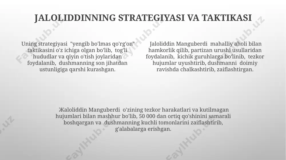 kurashishda katta qurbonlar berdi. manguberdi qoʻshinlari 1221-yilda moʻgʻullar armiyasi bilan boʻlib oʻtgan qattiq janglarda 20 000 dan ortiq askarlarini yoʻqotdi, ammo ularning qarshiligi davom etdi. mo'g'ullar istilosi va uning boshlanishi mo'g'ullar istilosi 13-asrning boshlarida, chingizxon davrida boshlanib, markaziy osiyodagi ko'plab shaharlarni, shu jumladan buxoroni vayron qildi va millionlab odamlarning halok bo'lishiga sabab bo'ldi. istiloning dastlabki bosqichlarida mo'g'ullar diplomatik hiyla-nayranglar va qo'rqitish taktikasidan foydalanib, ko'plab shaharlarni qarshilik ko'rsatmasdan bo'ysundirishga muvaffaq bo'lishgan. mo'g'ullar armiyasi o'ta yuqori harbiy tashkilotga ega bo'lib, 100 000 dan ortiq jangchi va murakkab harbiy strategiyaga tayanib, tezyurar hujumlarni amalga oshirishgan. jaloliddinning shaxsiy xususiyatlari жалолиддин мангубердининг мураккаб сиёсий вазиятлардаги тезкорлик билан қарор қабул қилиш қобилияти ва дипломатия соҳасидаги маҳорати ўзининг ҳарбий генийлиги билан ёнма-ён келган. жалолиддин мангубердининг 20 ёшлигидаёқ ҳарбий стратегия соҳасидаги ажойиб қобилияти ва 100 000 дан ортиқ аскарни бошқаришдаги тажрибаси билан ажралиб турганлиги таъкидланади. унинг қатъияти ва шафқатсизлигига қарамай, адолатли ҳукмронликка интилиши ва халқ манфаатларини устувор деб …